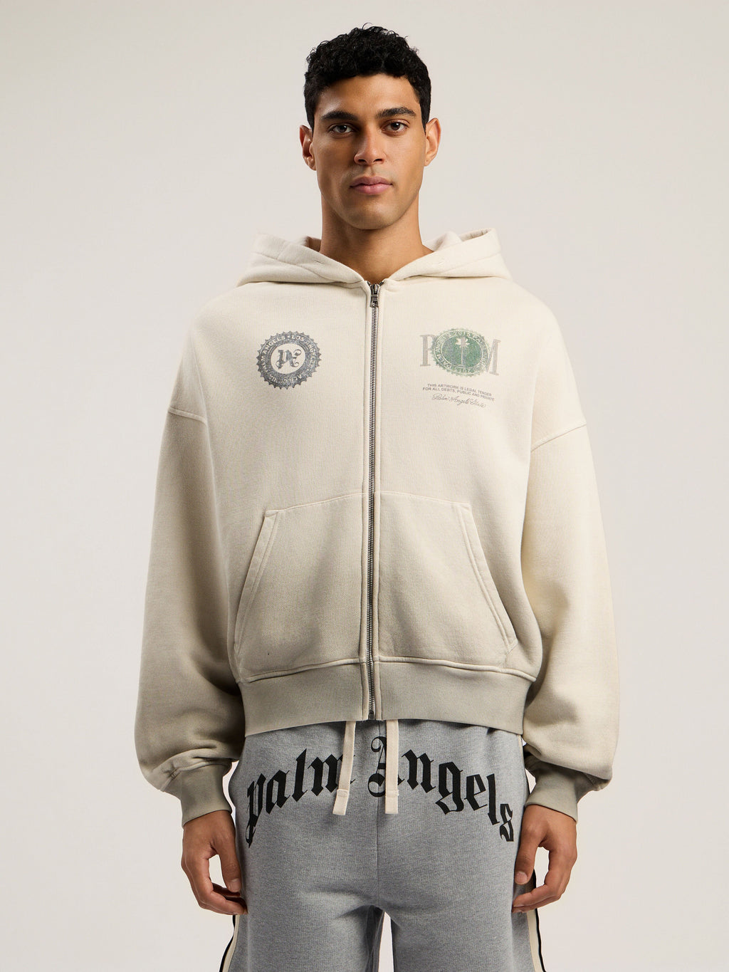 PALM ANGELS Dollar Zipped Loose Hoodie IVORY - BLACK PMBE02AF25FLE003
