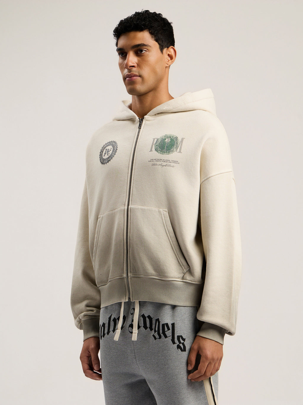 PALM ANGELS Dollar Zipped Loose Hoodie IVORY - BLACK PMBE02AF25FLE003