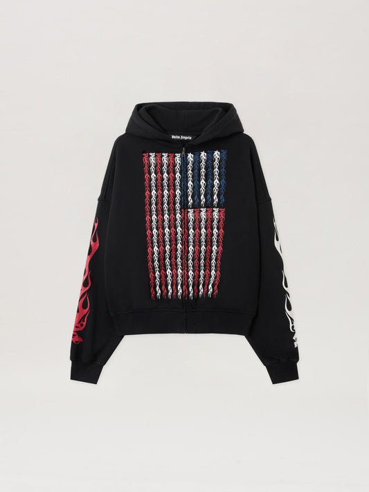 PALM ANGELS Flames Flag Zip Hoodie BLACK - MULTICOLOR PMBE02CF25FLE001