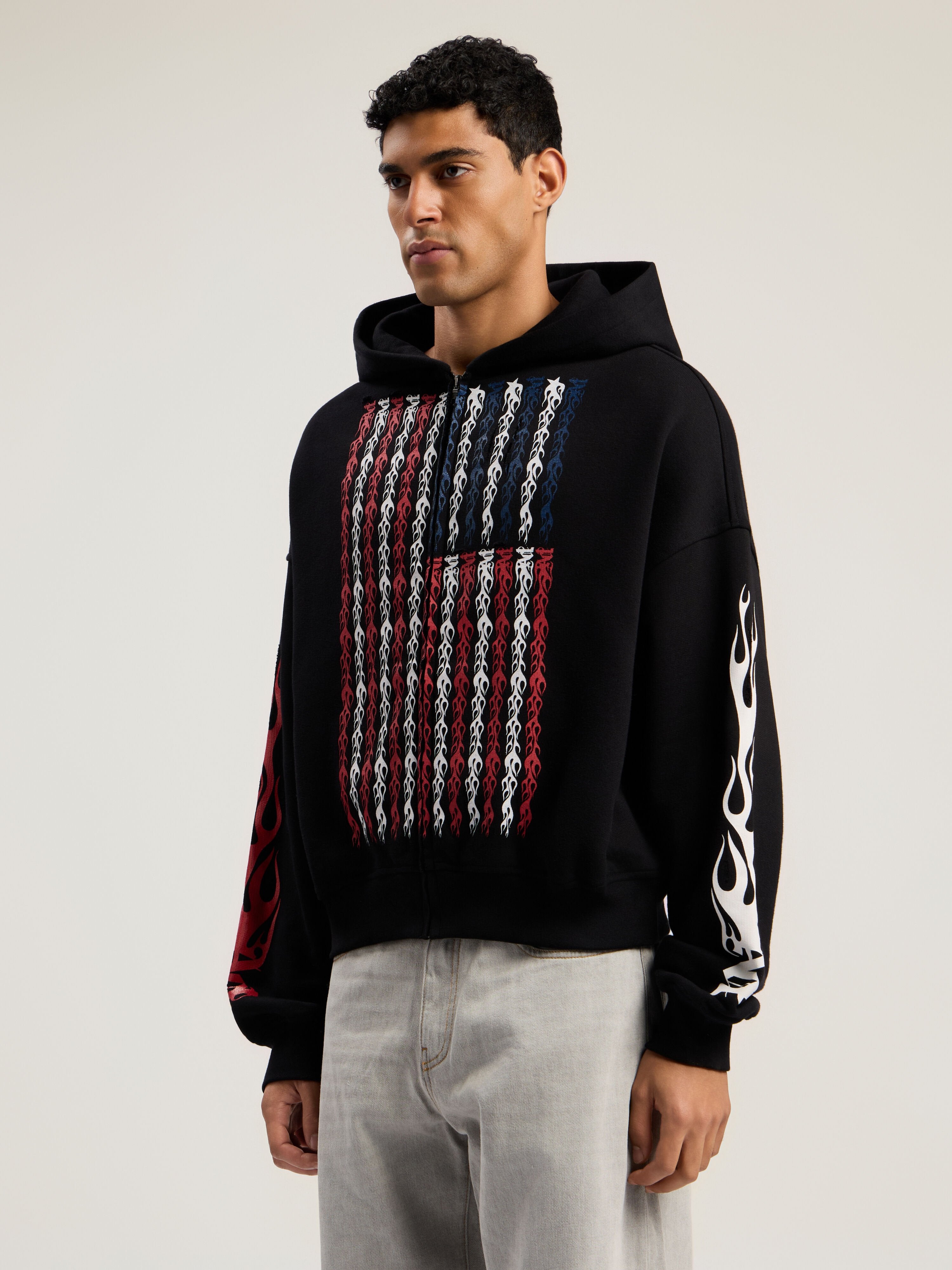 PALM ANGELS Flames Flag Zip Hoodie BLACK - MULTICOLOR PMBE02CF25FLE001