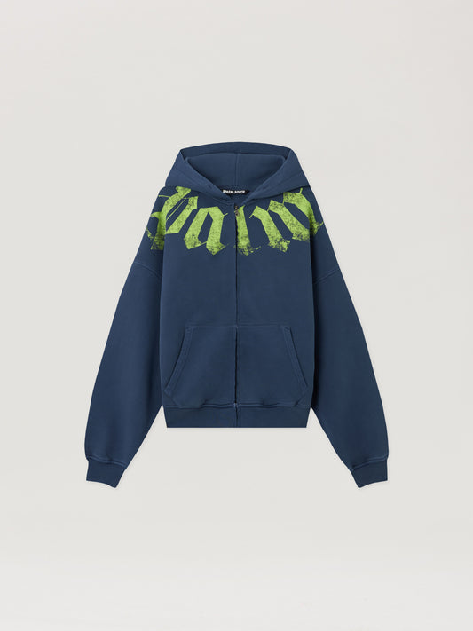 PALM ANGELS Big Neck Logo Zip Loose Hoodie NAVY BLUE LIME PMBE02FS26FLE001
