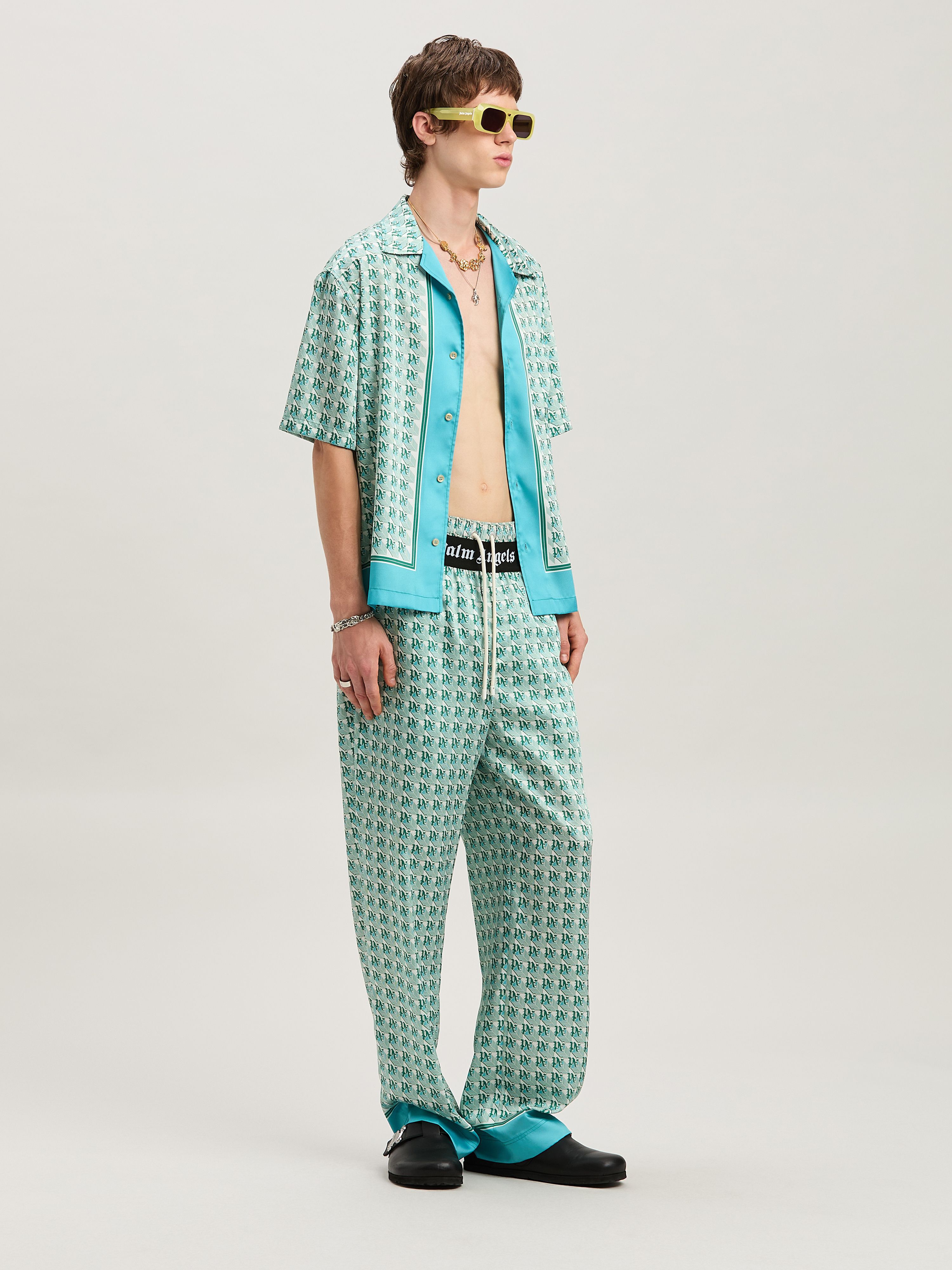 PALM ANGELS  PA DIAMONDS PAJAMA PANTS GREEN - IVORY PMCA111S25FAB001