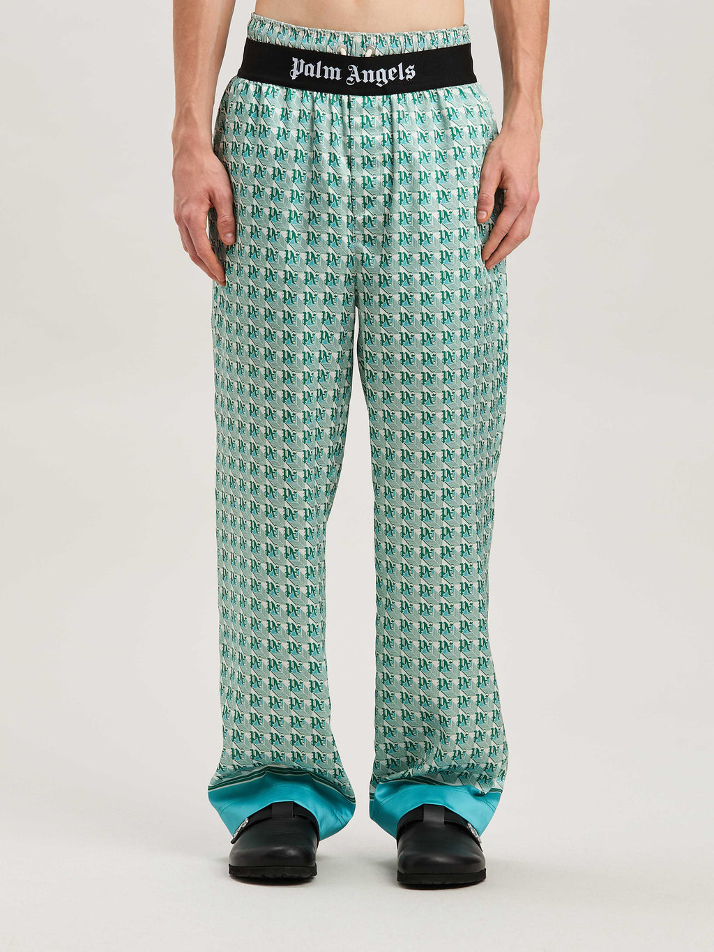 PALM ANGELS  PA DIAMONDS PAJAMA PANTS GREEN - IVORY PMCA111S25FAB001