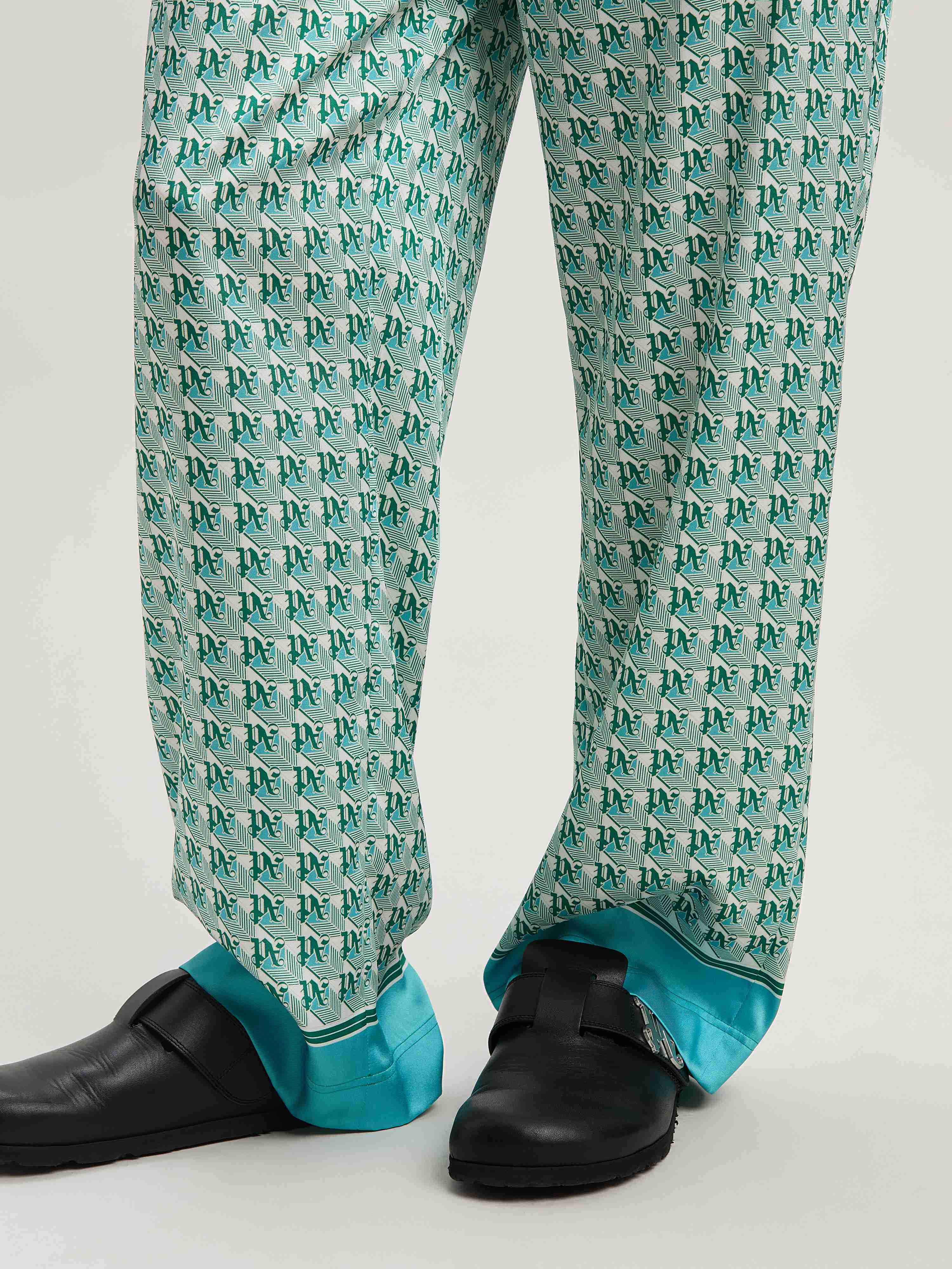 PALM ANGELS  PA DIAMONDS PAJAMA PANTS GREEN - IVORY PMCA111S25FAB001