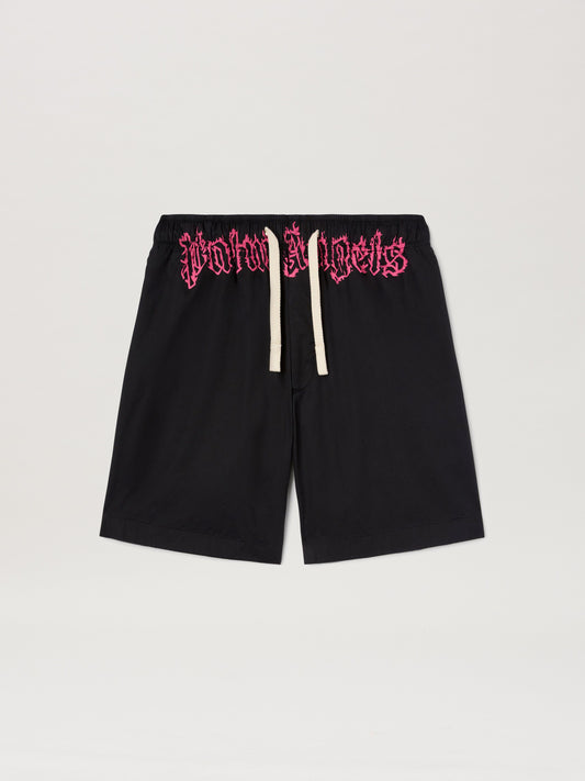 PALM ANGELS  WAIST LOGO SHORTS BLACK - FUCHSIA PMCB051S25FAB001