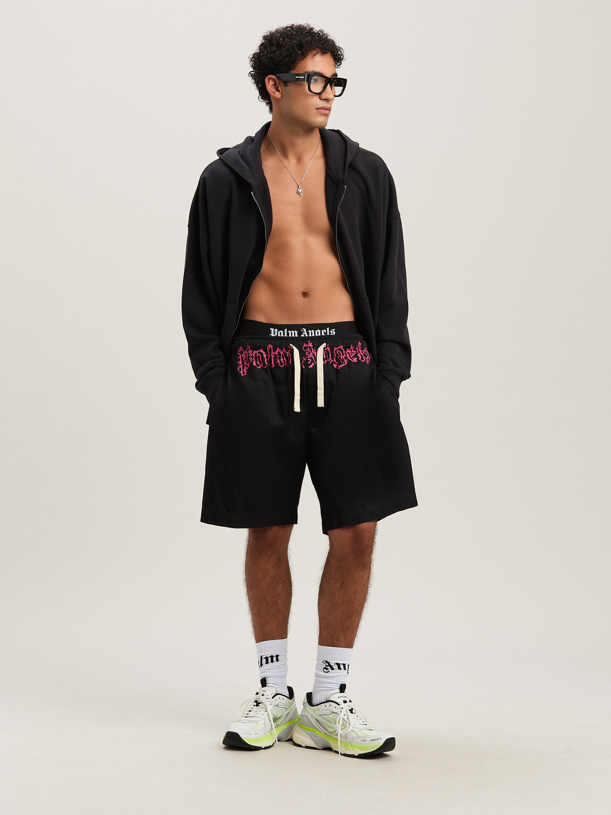 PALM ANGELS  WAIST LOGO SHORTS BLACK - FUCHSIA PMCB051S25FAB001