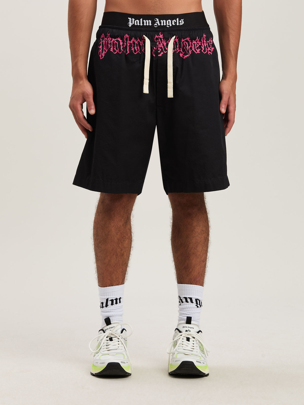 PALM ANGELS  WAIST LOGO SHORTS BLACK - FUCHSIA PMCB051S25FAB001