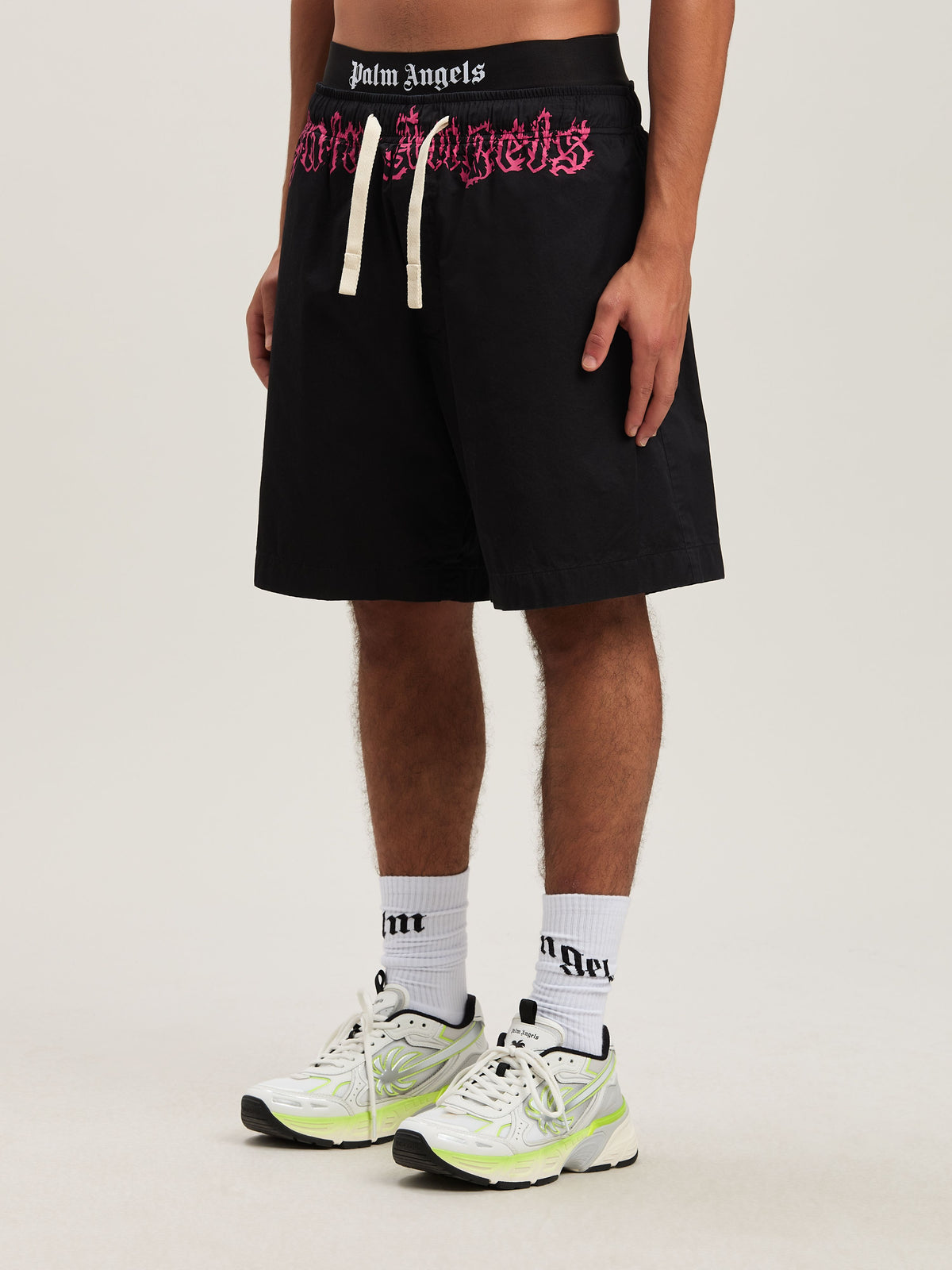 PALM ANGELS  WAIST LOGO SHORTS BLACK - FUCHSIA PMCB051S25FAB001