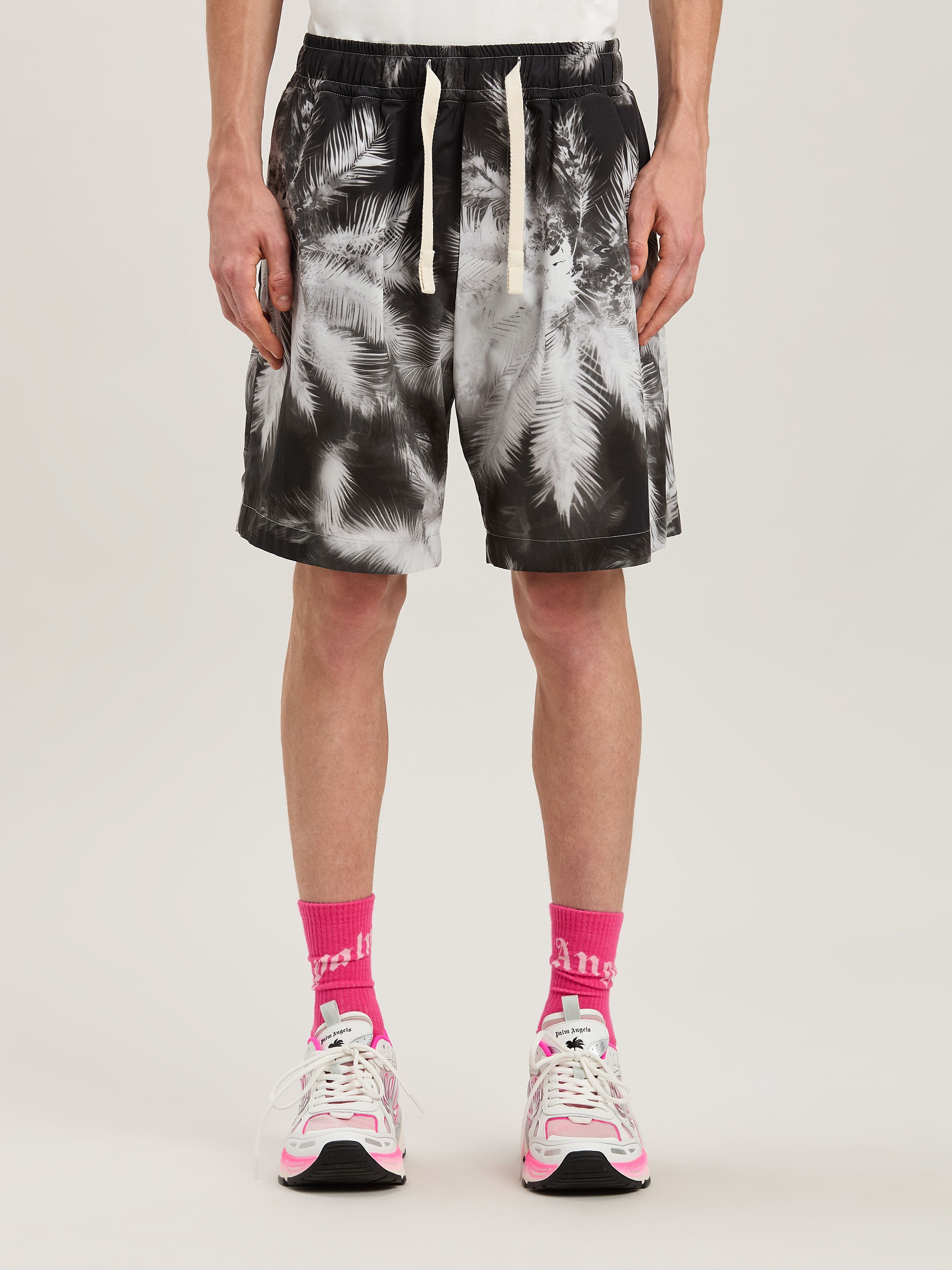 PALM ANGELS  BLACK BLUEPRINT PALMS SHORTS BLACK - OFF BLACK - OFF WHITE PMCB058S25FAB002