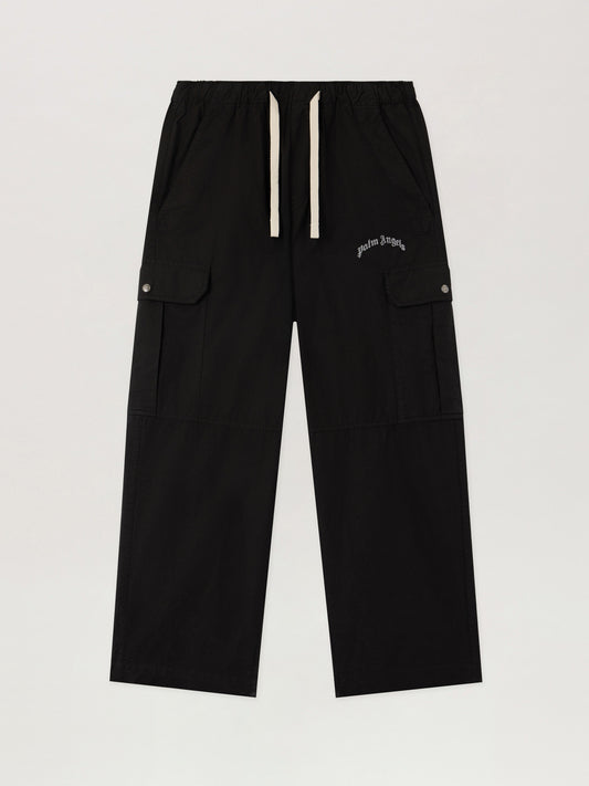 PALM ANGELS Curved Logo Loose Cargo Pants BLACK OFF WHITE PMCF037S26FAB001