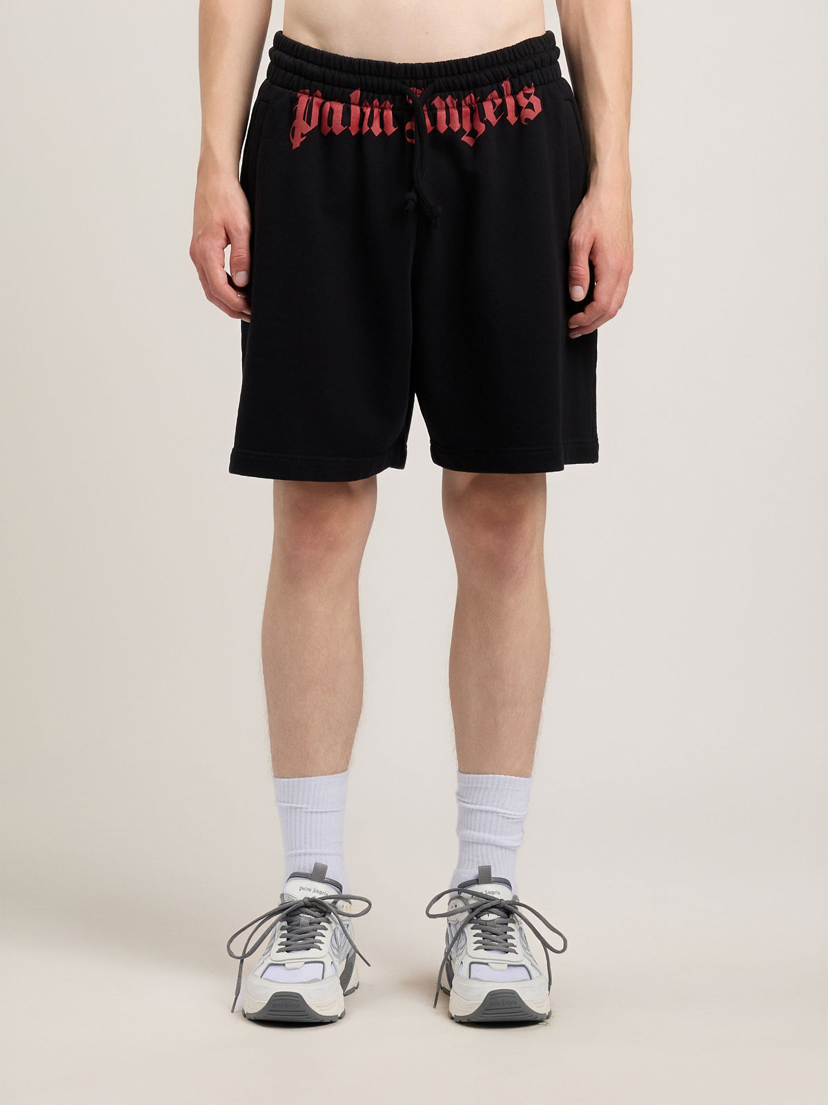 PALM ANGELS Waist Logo Sweatshorts BLACK RED PMCI019S26FLE001