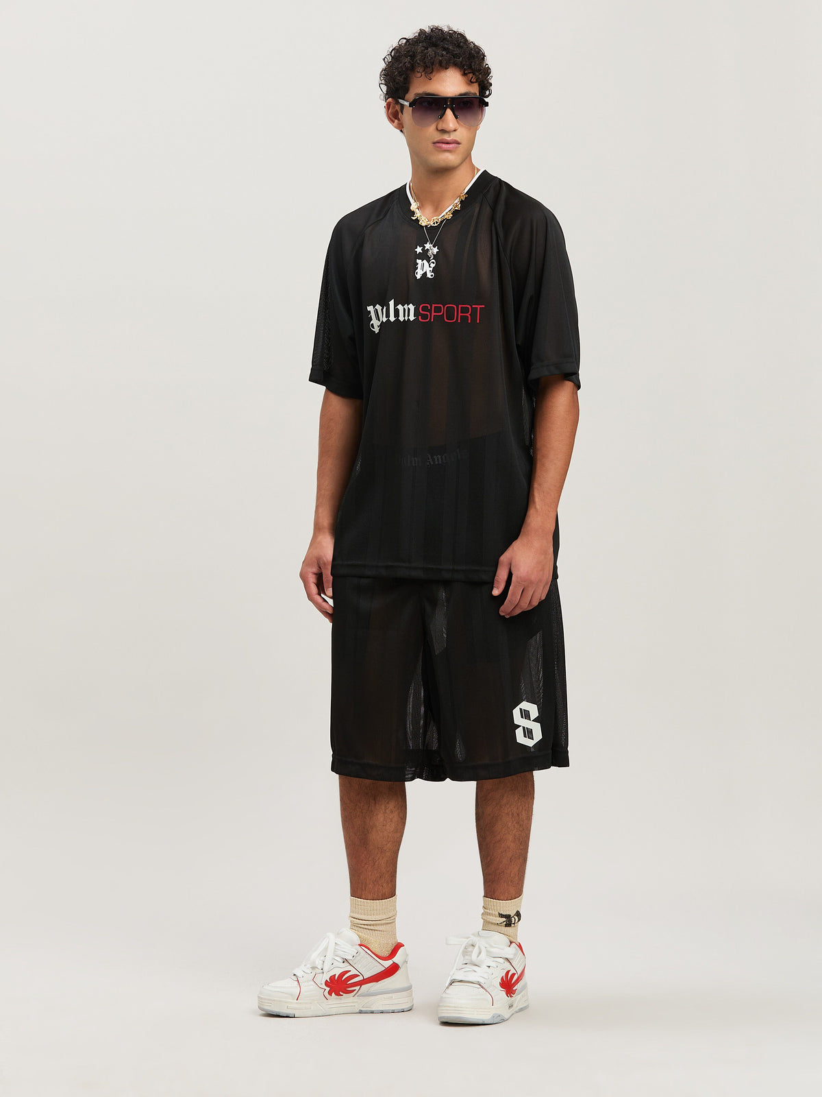 PALM ANGELS  PALM SPORT MESH SWEATSHORTS BLACK - OFF BLACK - OFF WHITE PMCI022S25FAB002