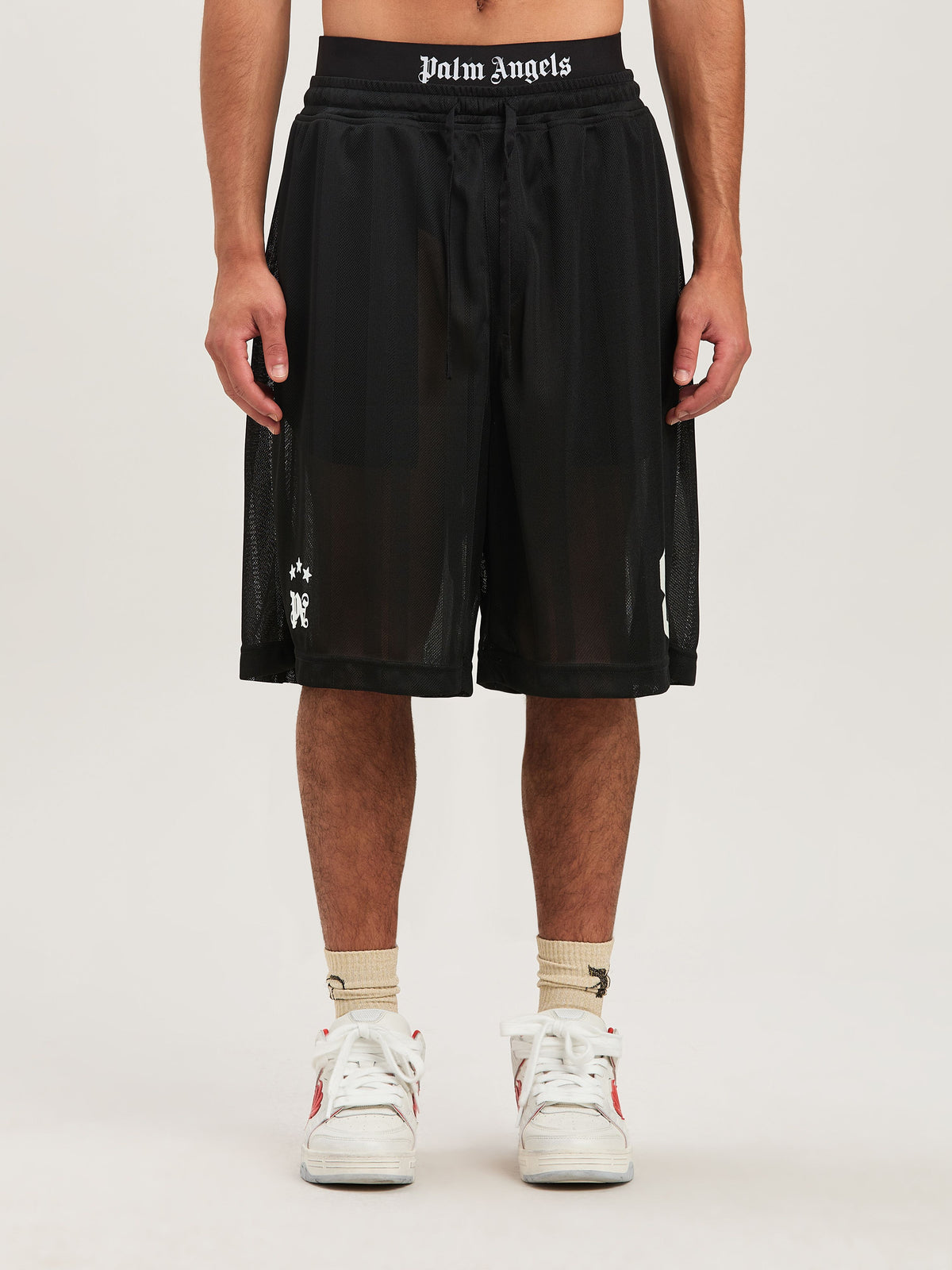 PALM ANGELS  PALM SPORT MESH SWEATSHORTS BLACK - OFF BLACK - OFF WHITE PMCI022S25FAB002