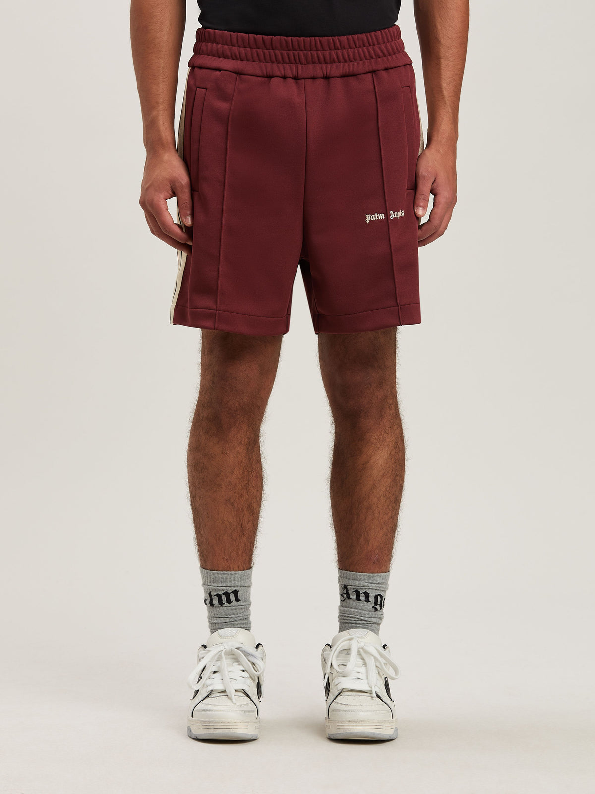 PALM ANGELS  CLASSIC LOGO TRACK SHORTS BURGUNDY - OFF BURGUNDY - OFF WHITE PMCL004S25FAB001