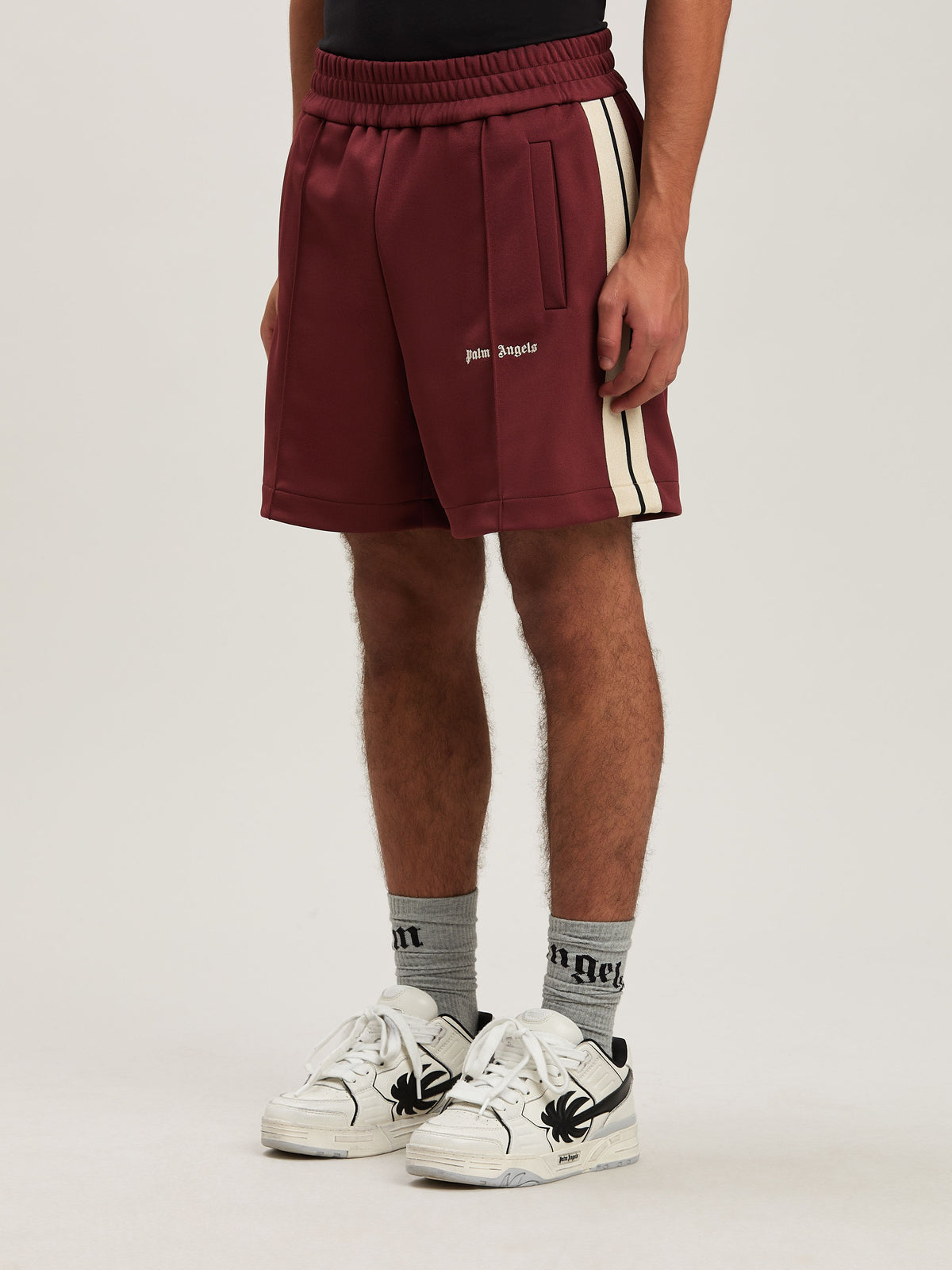 PALM ANGELS  CLASSIC LOGO TRACK SHORTS BURGUNDY - OFF BURGUNDY - OFF WHITE PMCL004S25FAB001