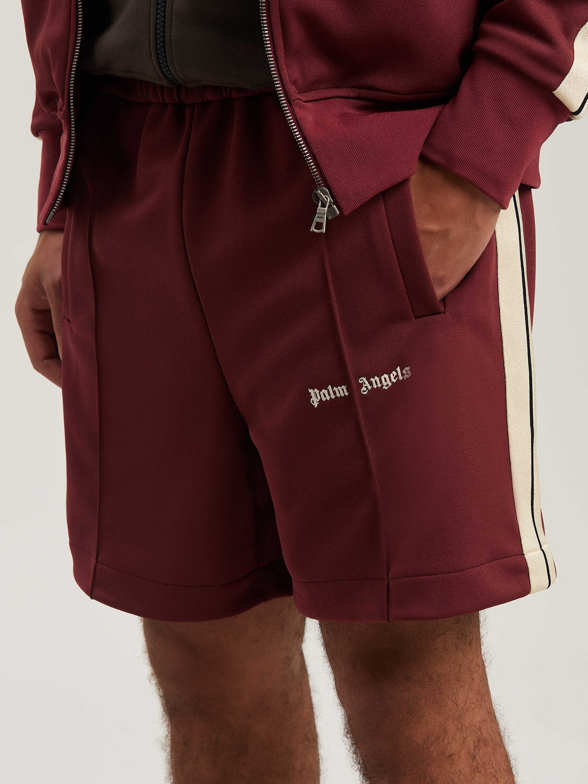 PALM ANGELS  CLASSIC LOGO TRACK SHORTS BURGUNDY - OFF BURGUNDY - OFF WHITE PMCL004S25FAB001