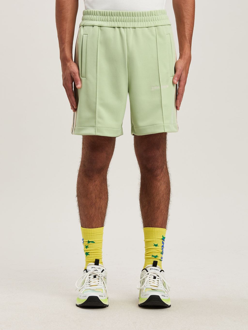 PALM ANGELS  CLASSIC LOGO TRACK SHORTS SAGE - OFF WHI SAGE - OFF WHITE PMCL004S25FAB001