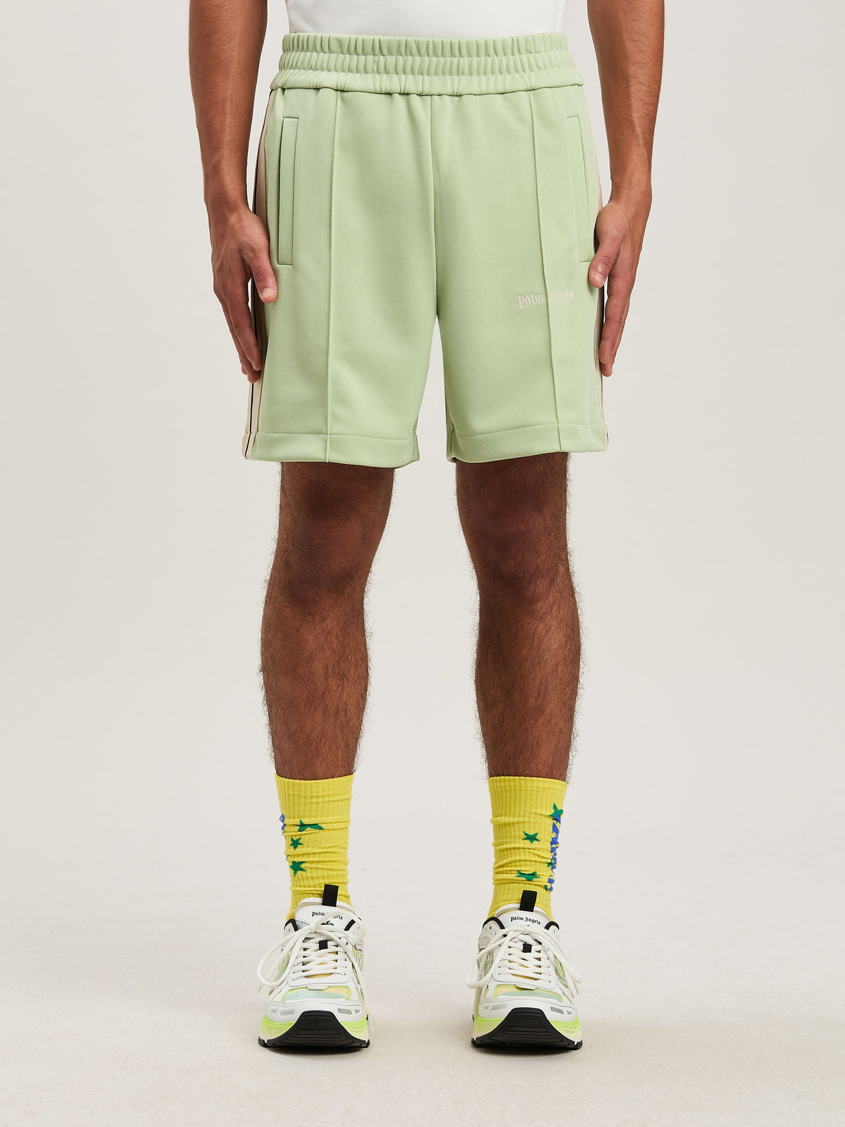 PALM ANGELS  CLASSIC LOGO TRACK SHORTS SAGE - OFF WHI SAGE - OFF WHITE PMCL004S25FAB001