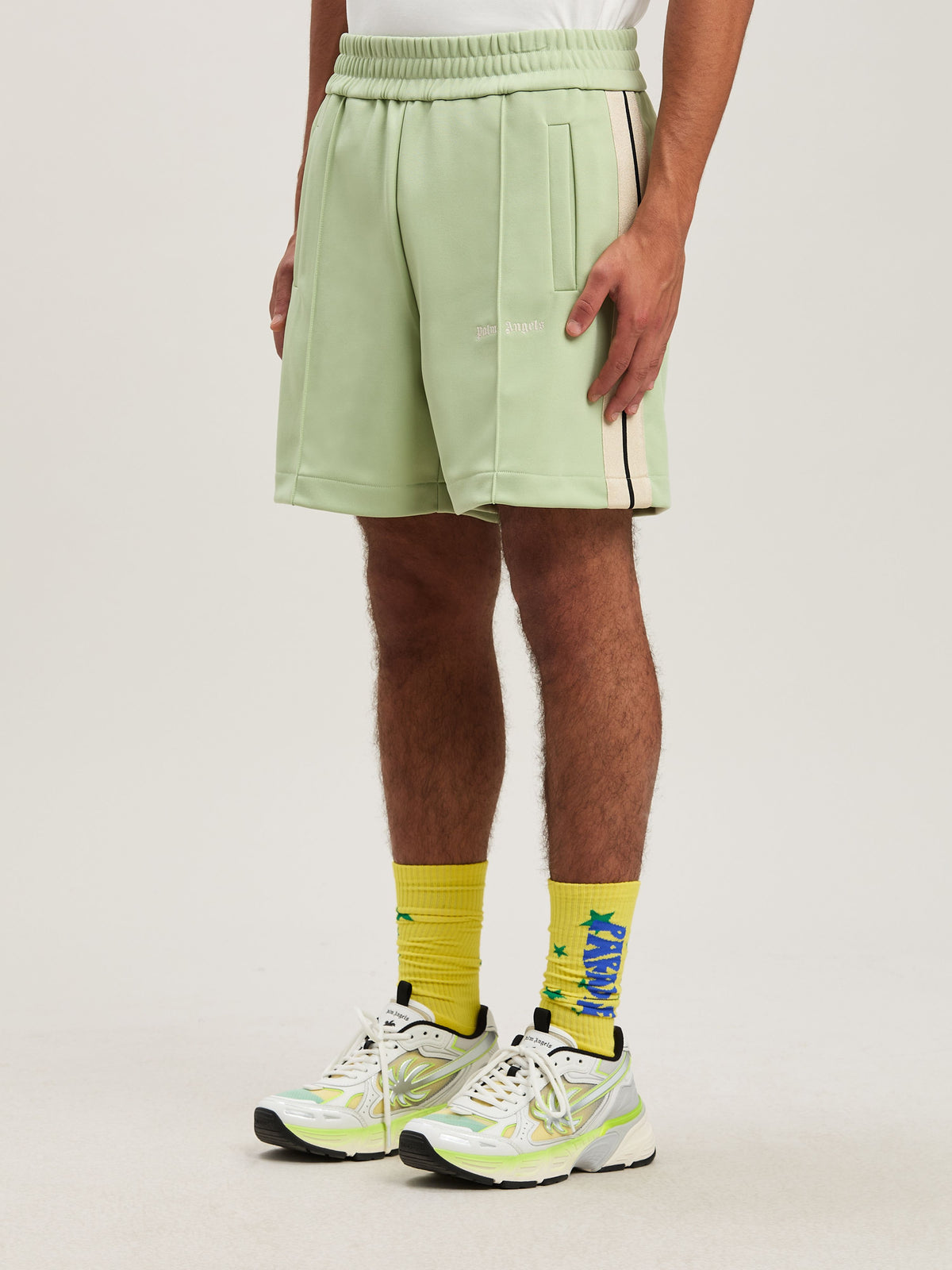 PALM ANGELS  CLASSIC LOGO TRACK SHORTS SAGE - OFF WHI SAGE - OFF WHITE PMCL004S25FAB001
