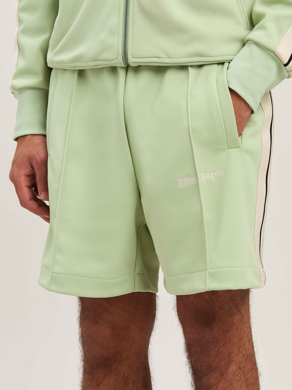 PALM ANGELS  CLASSIC LOGO TRACK SHORTS SAGE - OFF WHI SAGE - OFF WHITE PMCL004S25FAB001