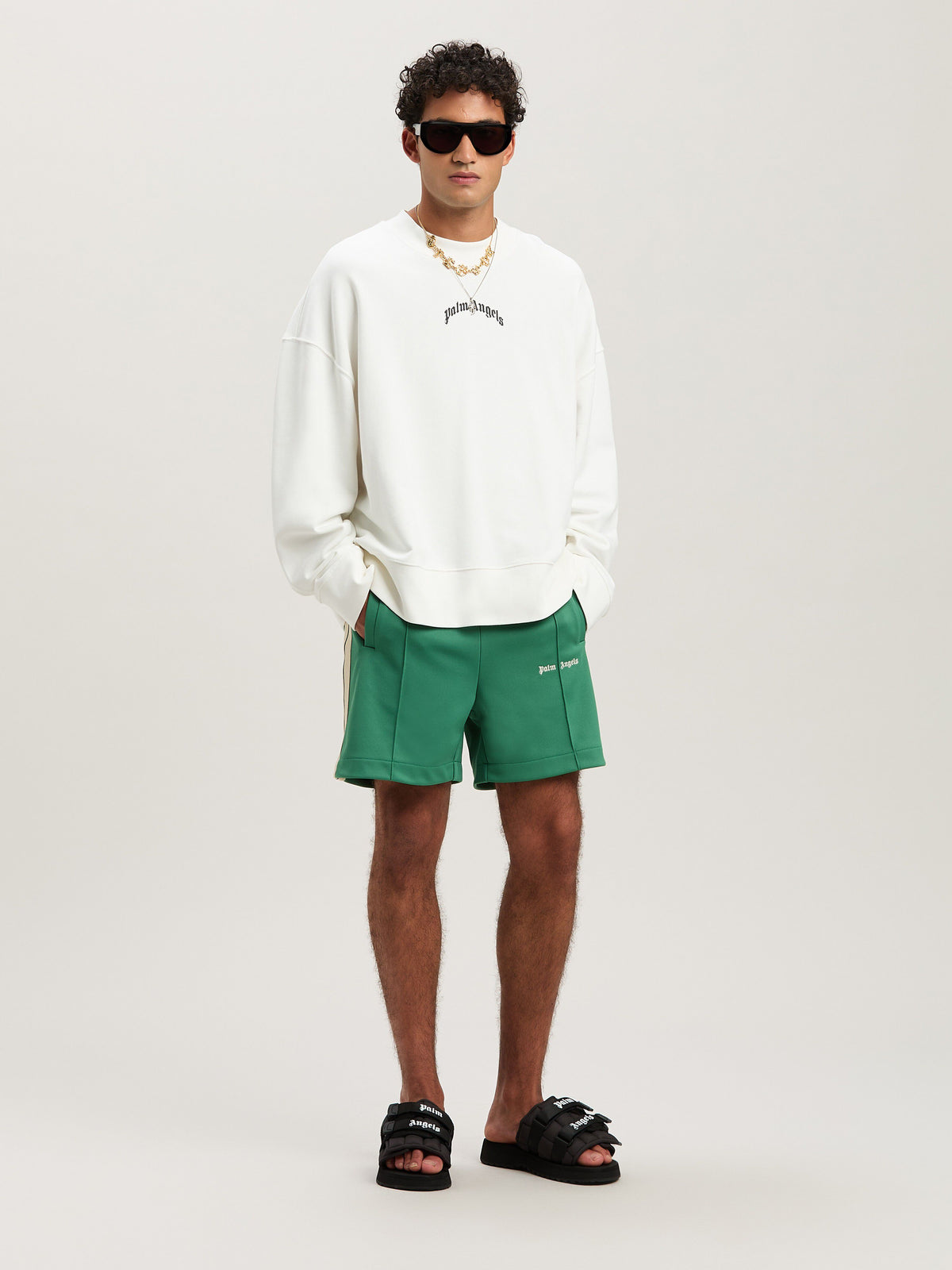 PALM ANGELS  CLASSIC LOGO TRACK SHORTS FOREST GREEN - FOREST GREEN - OFF WHITE PMCL004S25FAB001