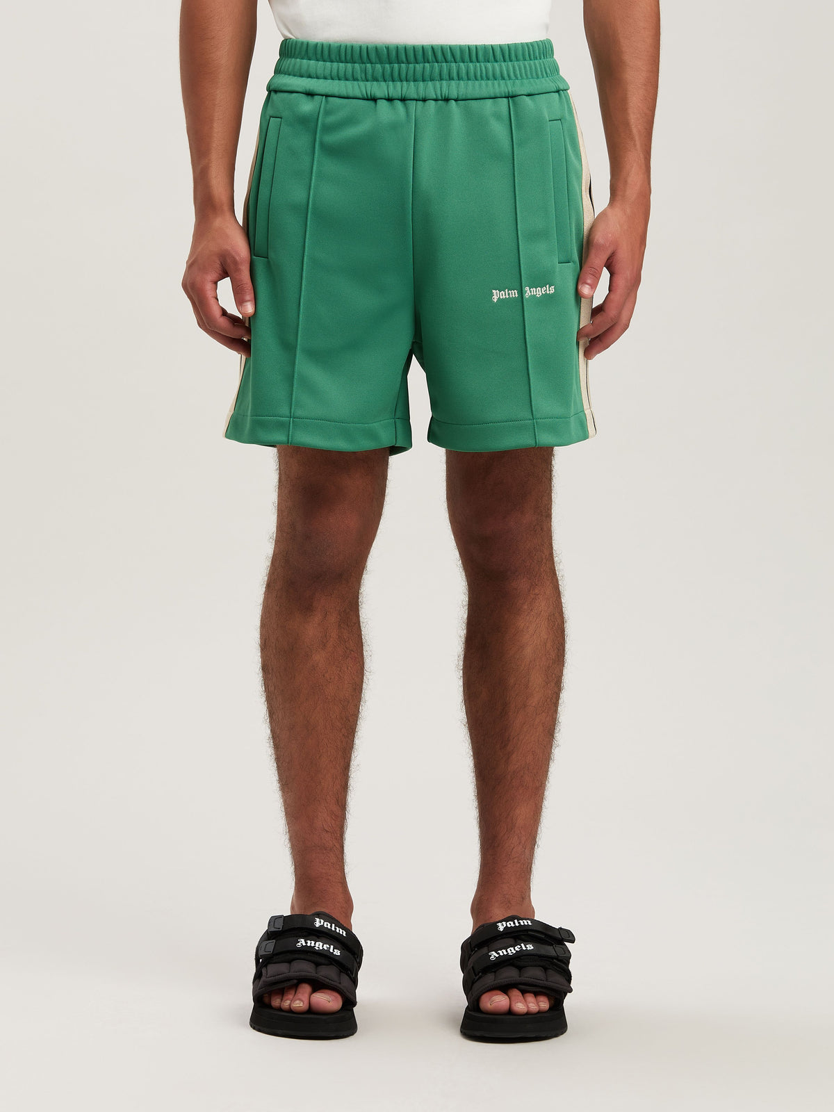 PALM ANGELS  CLASSIC LOGO TRACK SHORTS FOREST GREEN - FOREST GREEN - OFF WHITE PMCL004S25FAB001