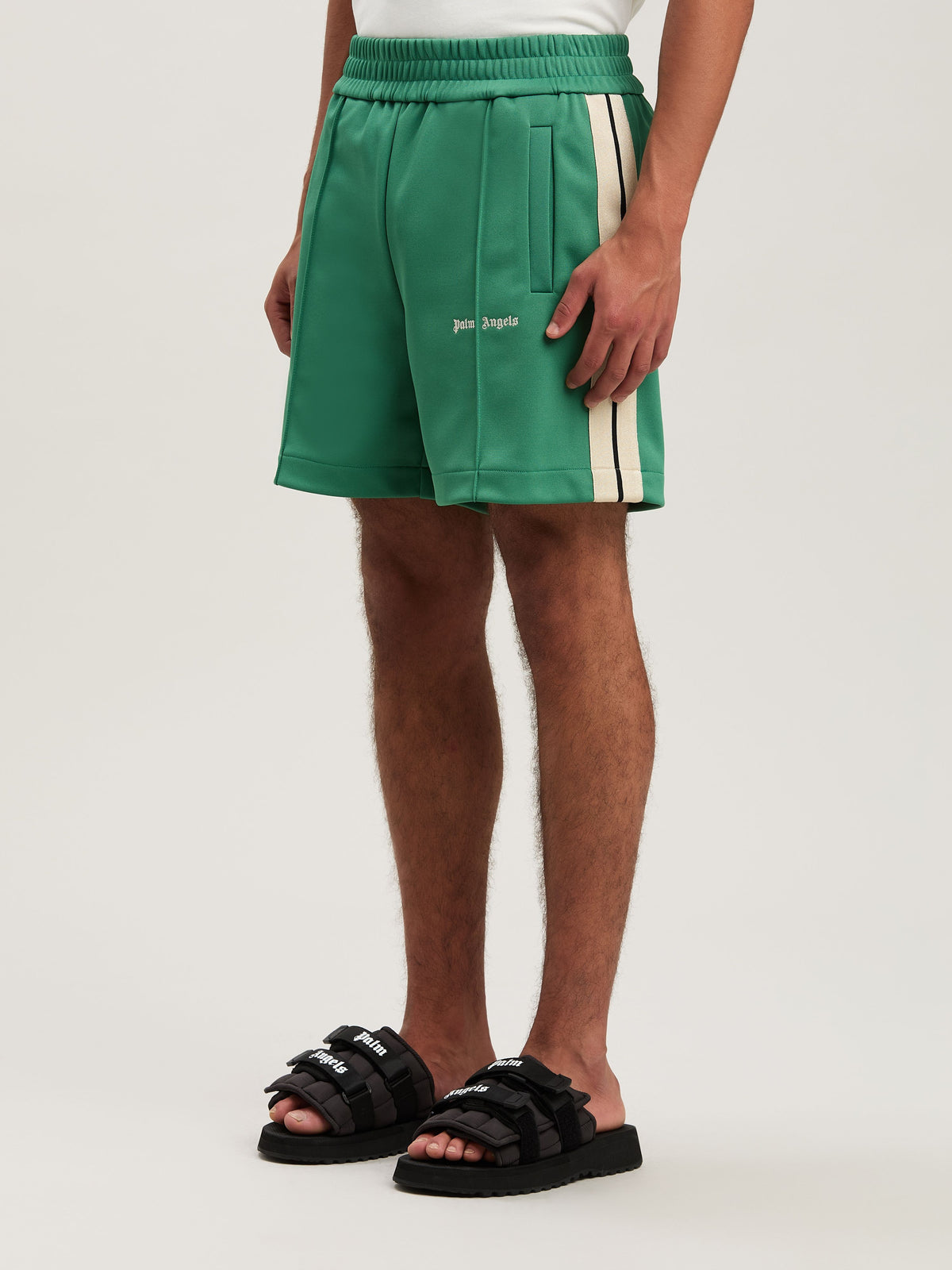 PALM ANGELS  CLASSIC LOGO TRACK SHORTS FOREST GREEN - FOREST GREEN - OFF WHITE PMCL004S25FAB001