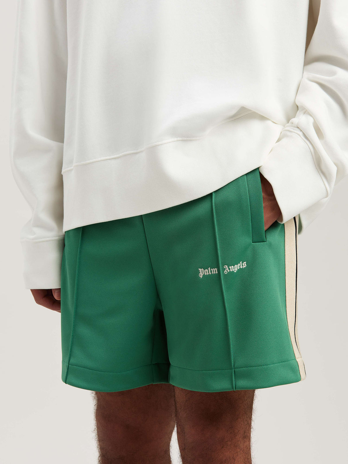PALM ANGELS  CLASSIC LOGO TRACK SHORTS FOREST GREEN - FOREST GREEN - OFF WHITE PMCL004S25FAB001