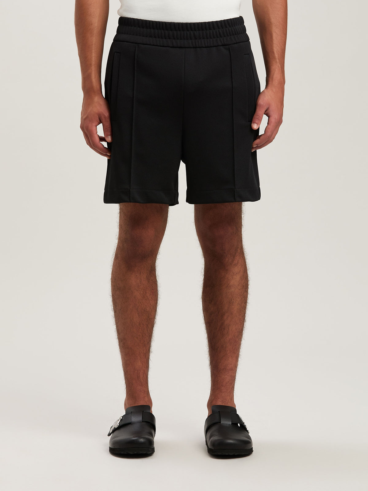 PALM ANGELS  BACK CURVED LOGO TRACK SHORTS BLACK - OF BLACK - OFF WHITE PMCL008S25FAB001