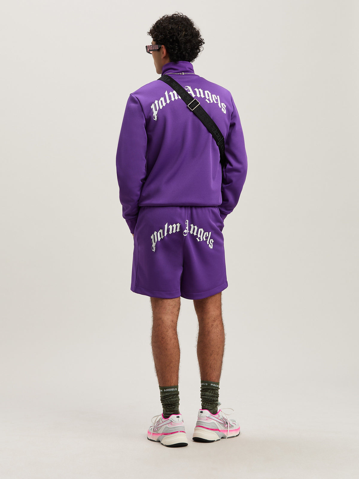 PALM ANGELS  BACK CURVED LOGO TRACK SHORTS PURPLE - O PURPLE - OFF WHITE PMCL008S25FAB001