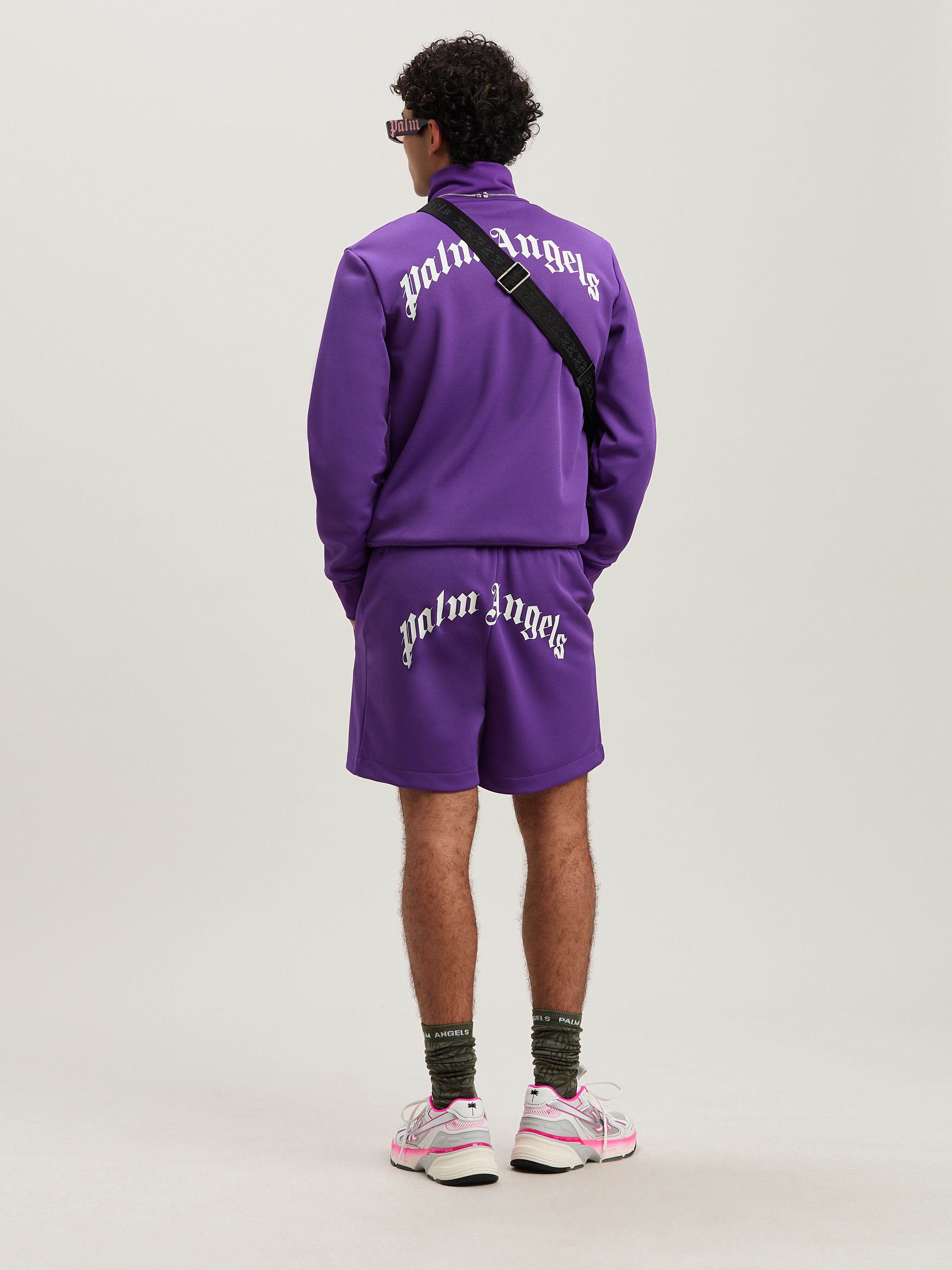 PALM ANGELS  BACK CURVED LOGO TRACK SHORTS PURPLE - O PURPLE - OFF WHITE PMCL008S25FAB001