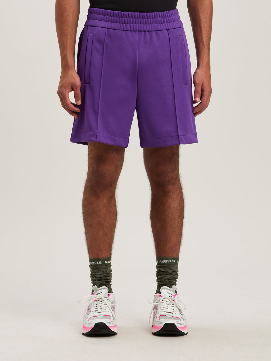 PALM ANGELS  BACK CURVED LOGO TRACK SHORTS PURPLE - O PURPLE - OFF WHITE PMCL008S25FAB001