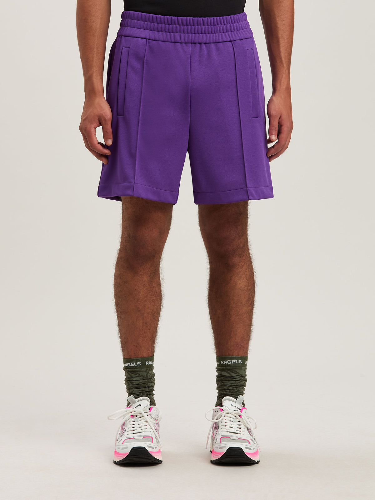 PALM ANGELS  BACK CURVED LOGO TRACK SHORTS PURPLE - O PURPLE - OFF WHITE PMCL008S25FAB001
