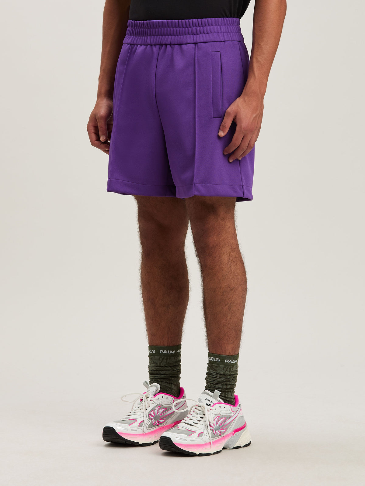 PALM ANGELS  BACK CURVED LOGO TRACK SHORTS PURPLE - O PURPLE - OFF WHITE PMCL008S25FAB001