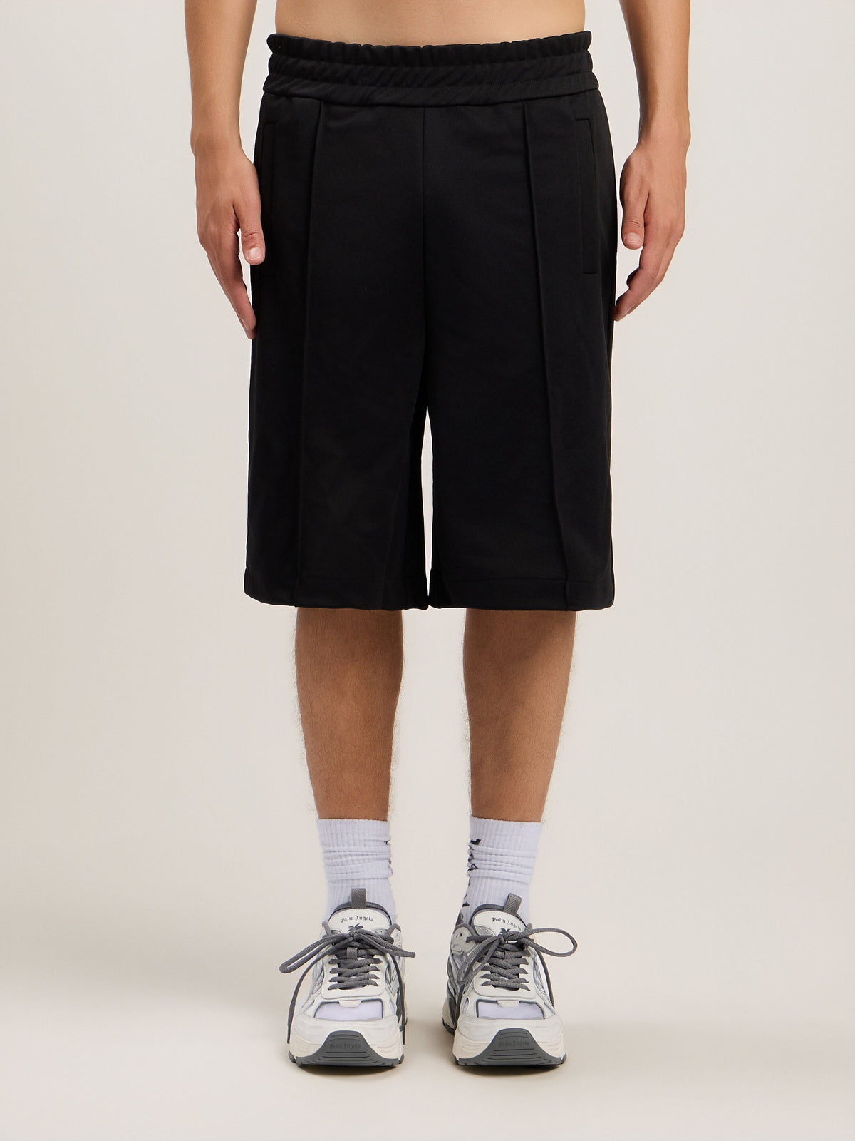 PALM ANGELS Back Curved Logo Track Shorts BLACK OFF WHITE PMCL00AS26FAB001