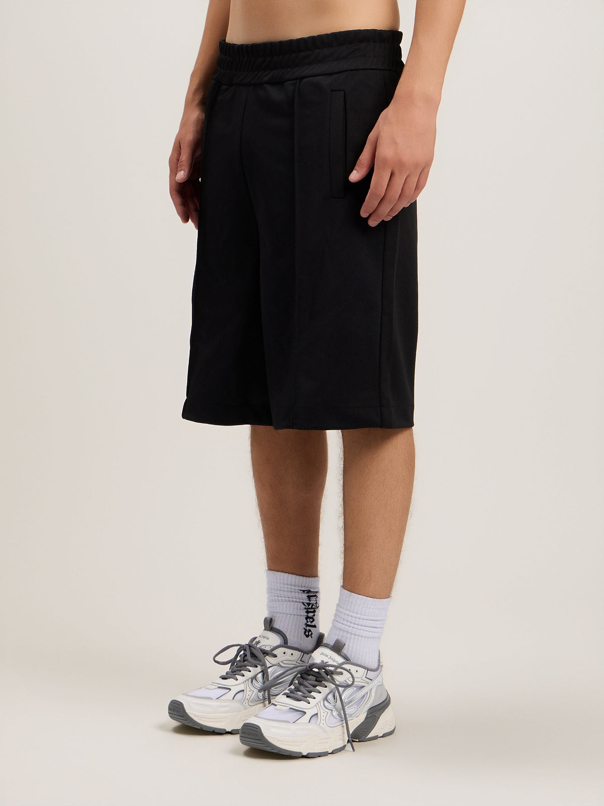 PALM ANGELS Back Curved Logo Track Shorts BLACK OFF WHITE PMCL00AS26FAB001