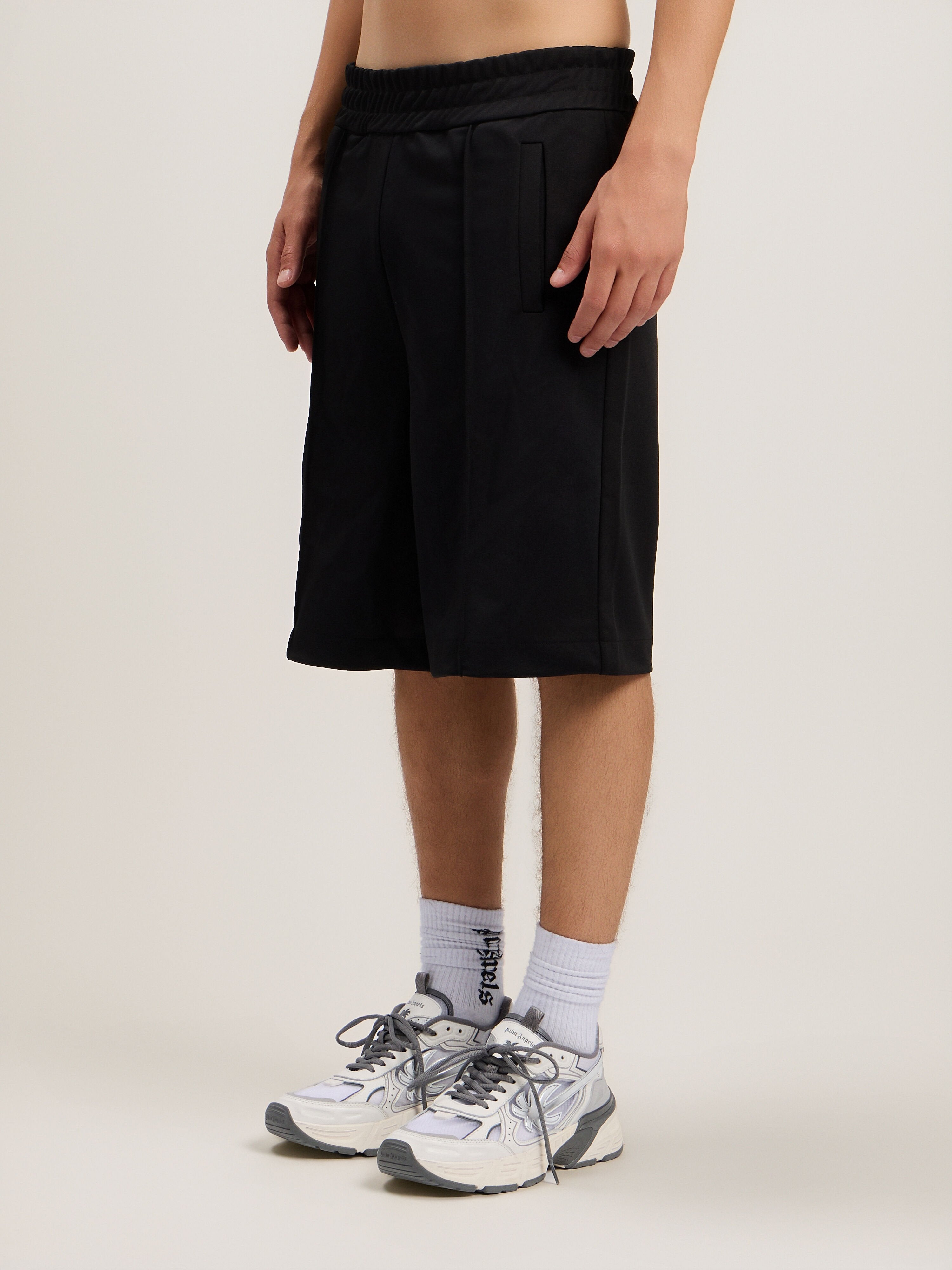 PALM ANGELS Back Curved Logo Track Shorts BLACK OFF WHITE PMCL00AS26FAB001