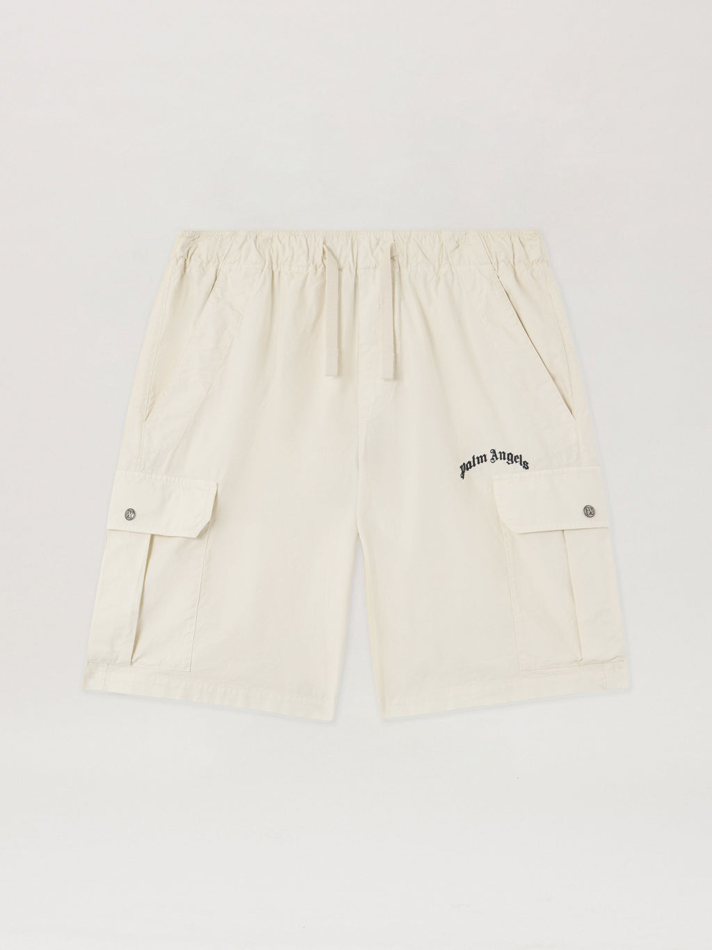 PALM ANGELS Curved Logo Loose Cargo Shorts OFF WHITE BLACK PMCS012S26FAB002