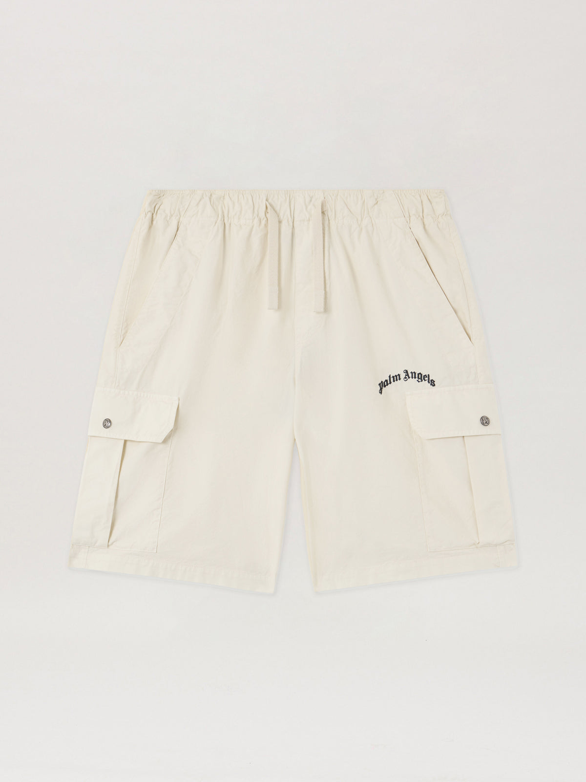 PALM ANGELS Curved Logo Loose Cargo Shorts OFF WHITE BLACK PMCS012S26FAB002