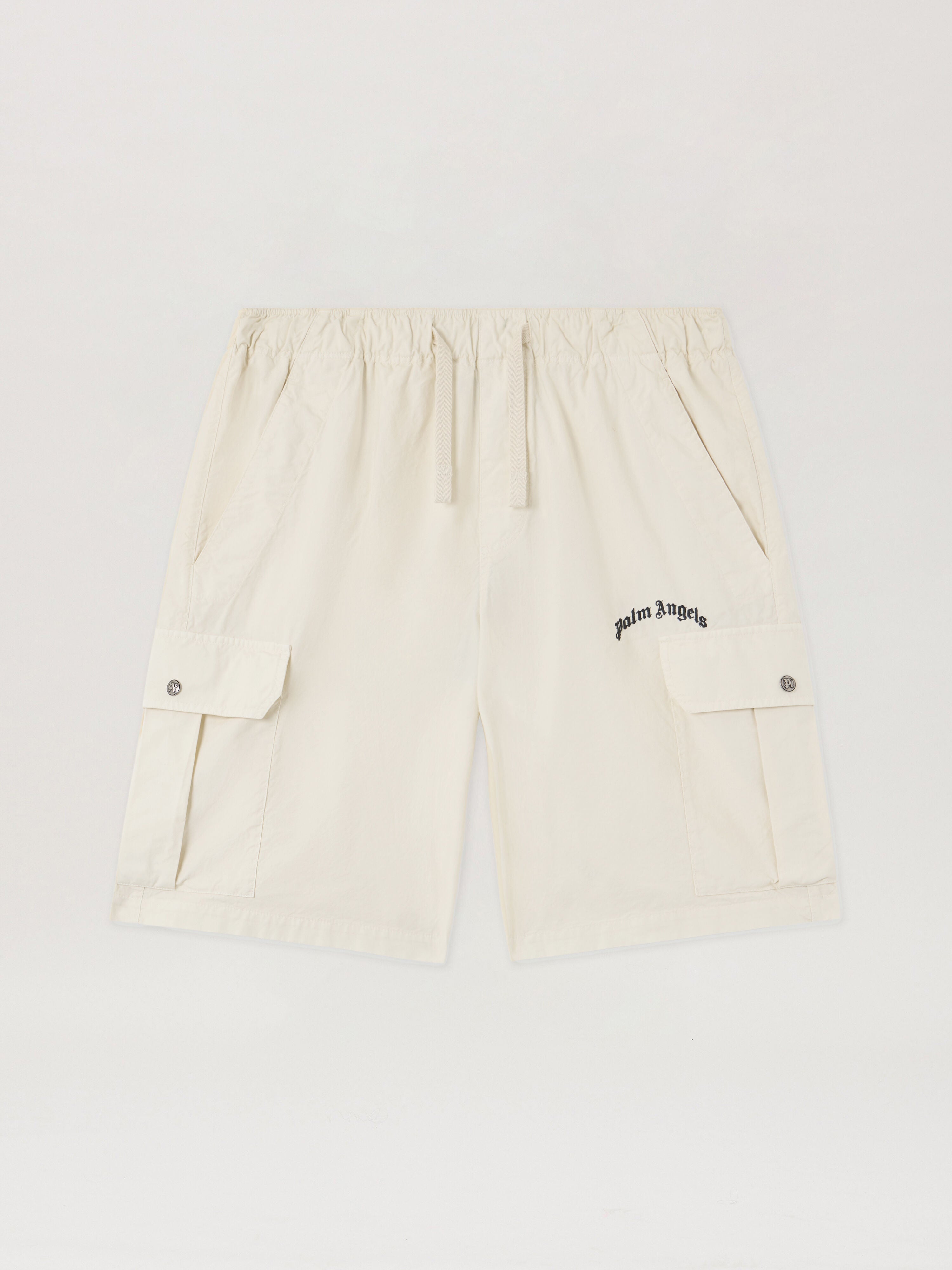 PALM ANGELS Curved Logo Loose Cargo Shorts OFF WHITE BLACK PMCS012S26FAB002