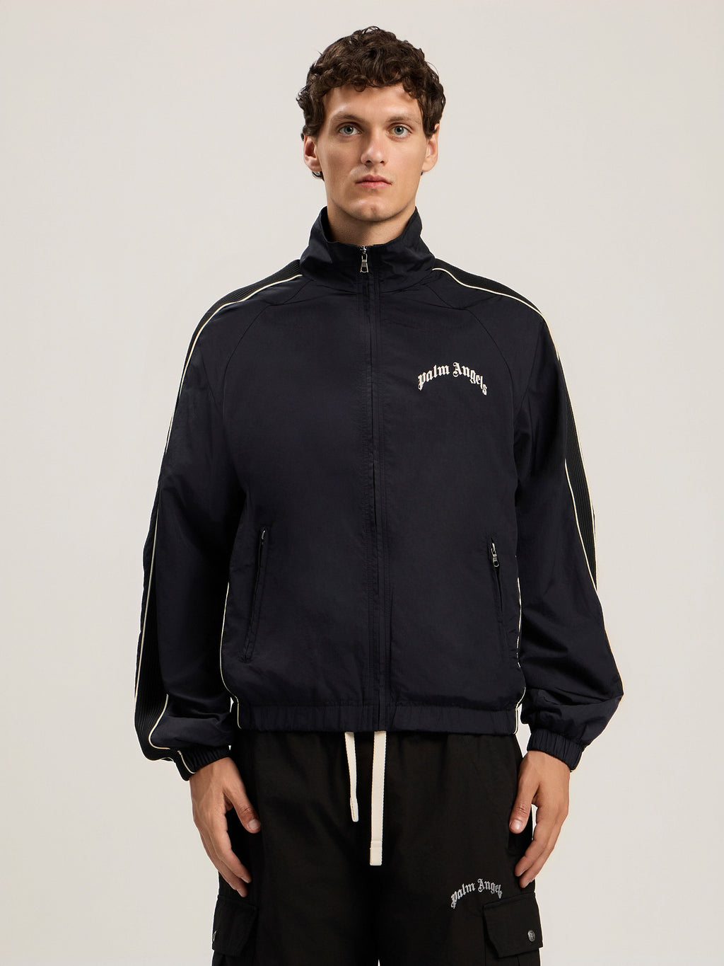 PALM ANGELS Curved Logo Vintage Track Windbreaker BLACK OFF WHITE PMEB02GS26FAB001
