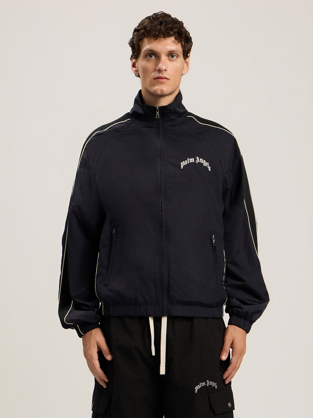 PALM ANGELS Curved Logo Vintage Track Windbreaker BLACK OFF WHITE PMEB02GS26FAB001