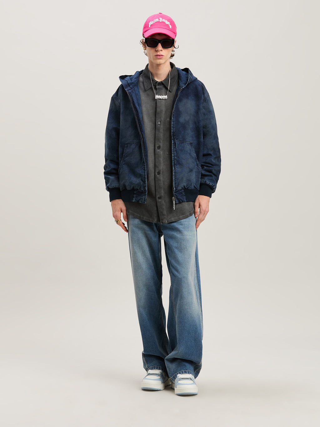 PALM ANGELS  CURVED LOGO CLOUDY BOMBER INDIGO BLUE - INDIGO BLUE - INDIGO BLUE PMEH035S25FAB002