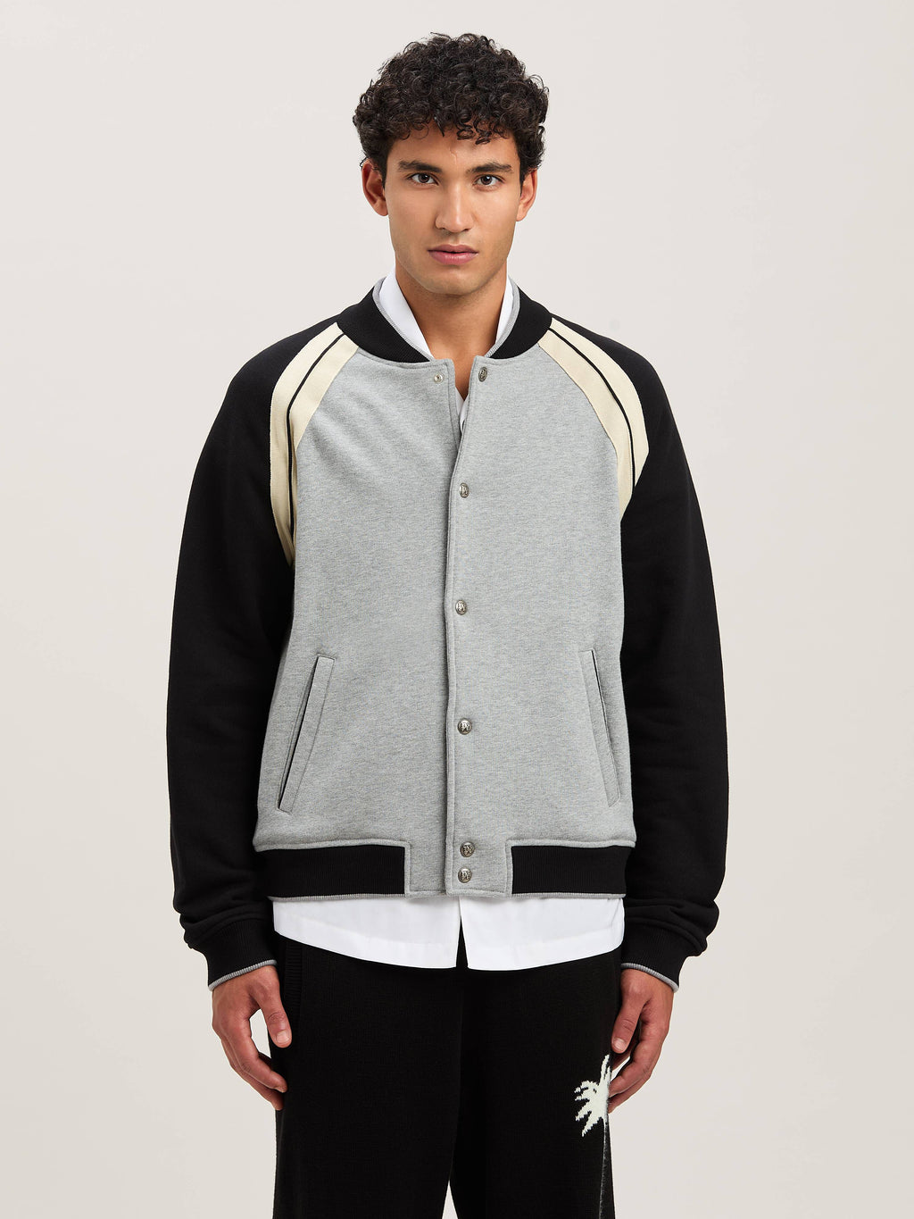 PALM ANGELS  CURVED LOGO TRACK VARSITY GREY MELANGE - GREY MELANGE - BLACK PMEK010S25FAB001