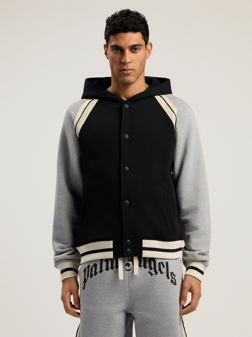 PALM ANGELS Curved Logo Varsity Jacket BLACK - GREY MELANGE PMEK013F25FLE001