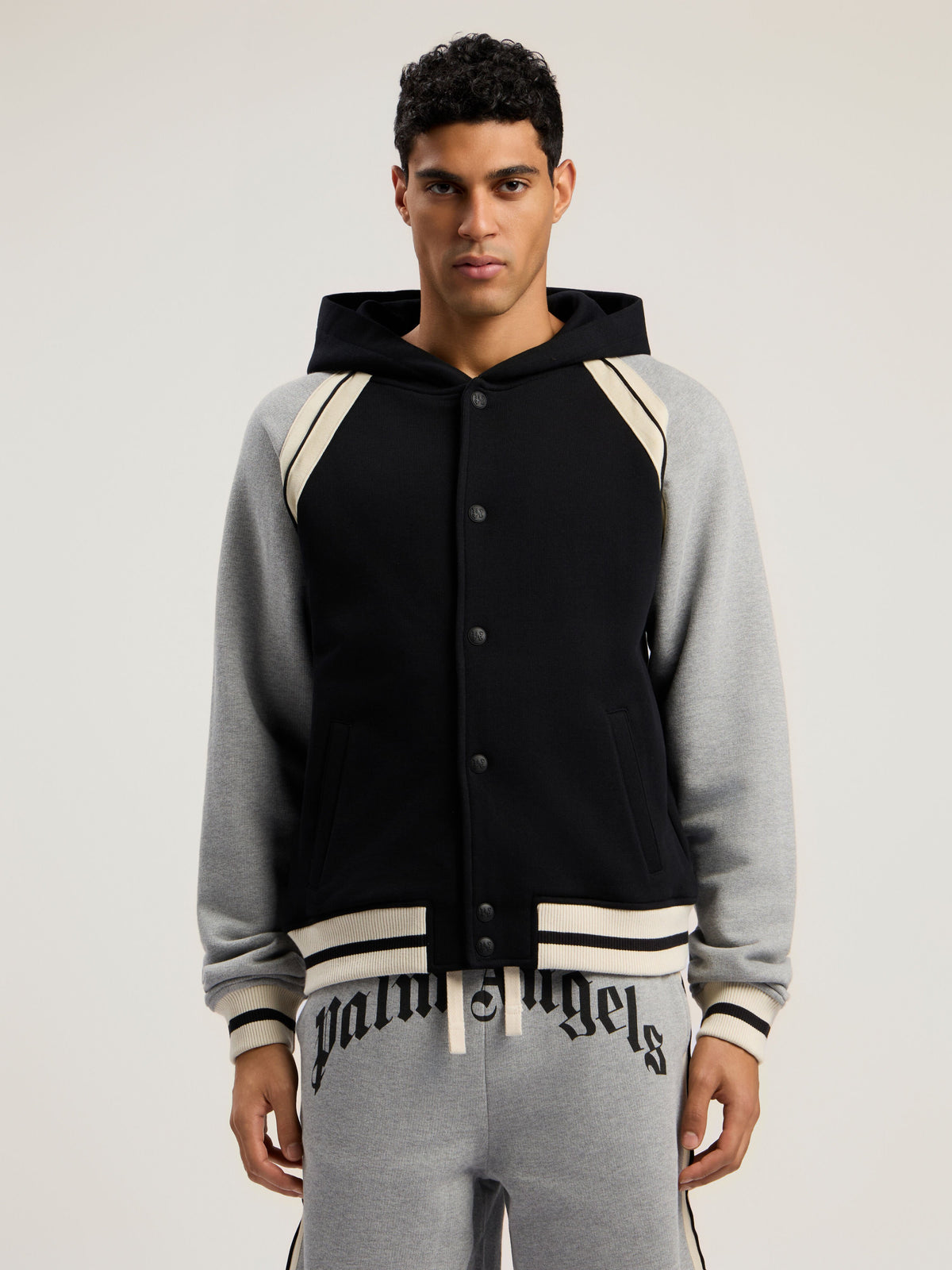 PALM ANGELS Curved Logo Varsity Jacket BLACK - GREY MELANGE PMEK013F25FLE001