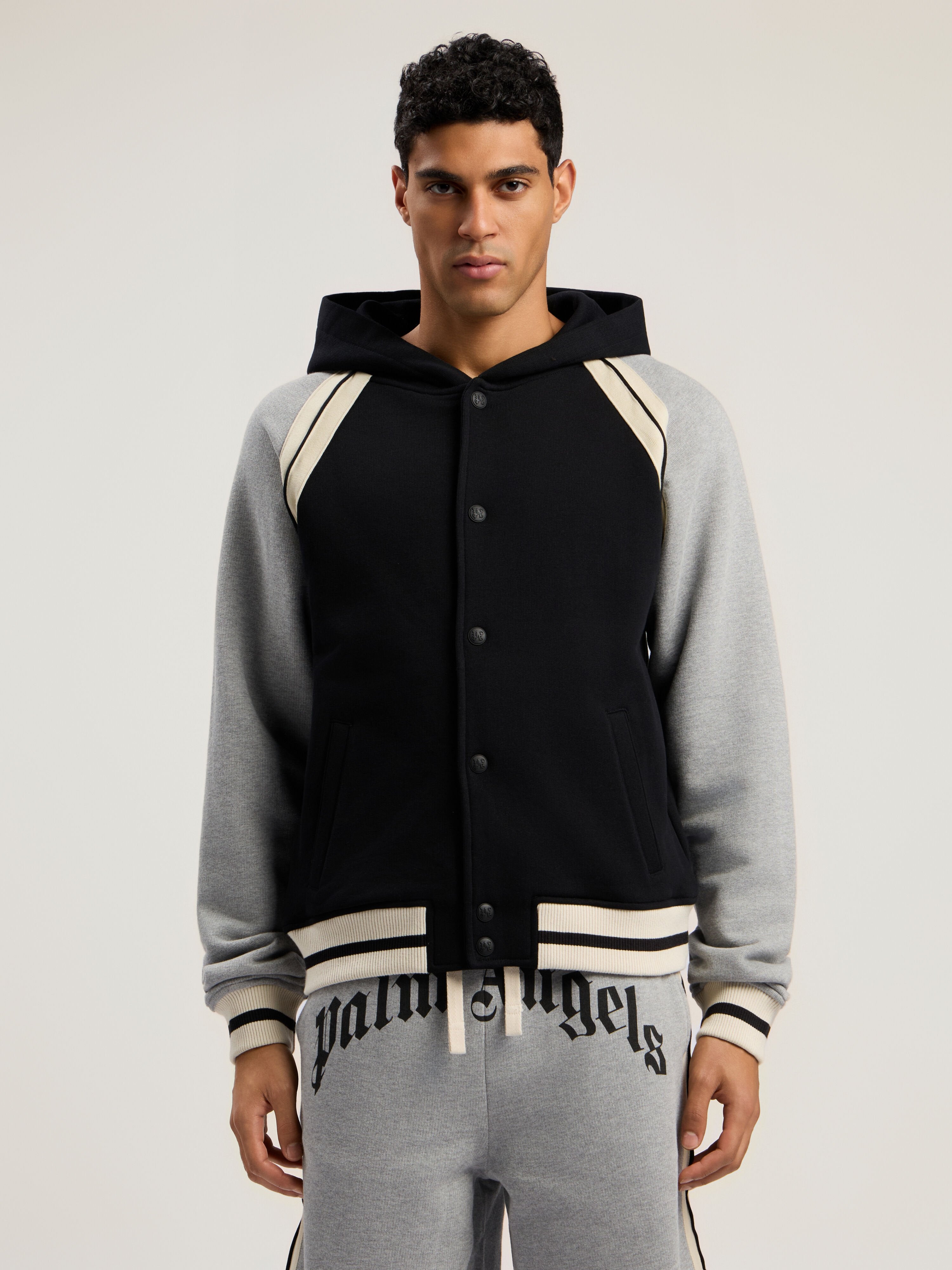 PALM ANGELS Curved Logo Varsity Jacket BLACK - GREY MELANGE PMEK013F25FLE001