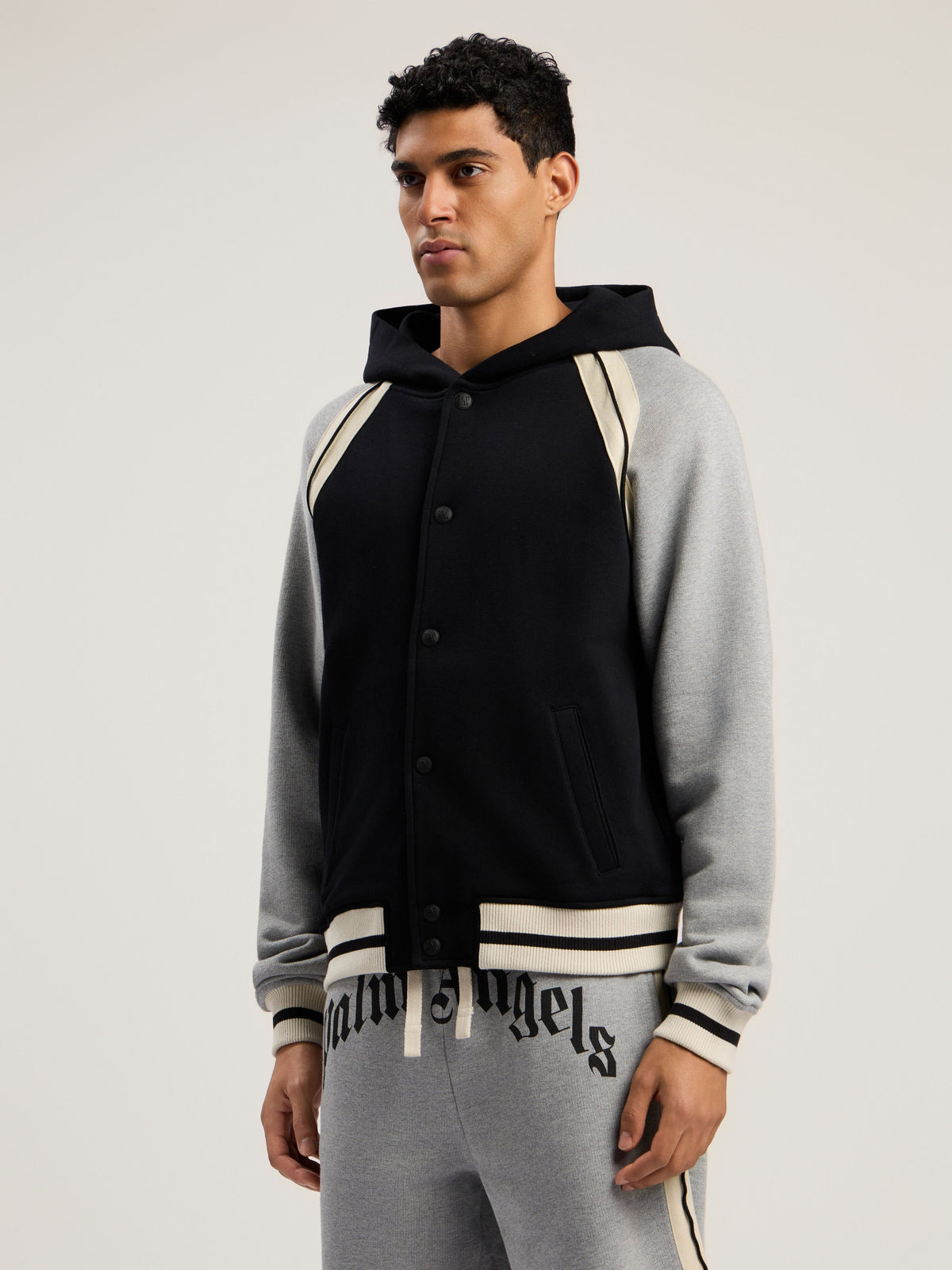 PALM ANGELS Curved Logo Varsity Jacket BLACK - GREY MELANGE PMEK013F25FLE001
