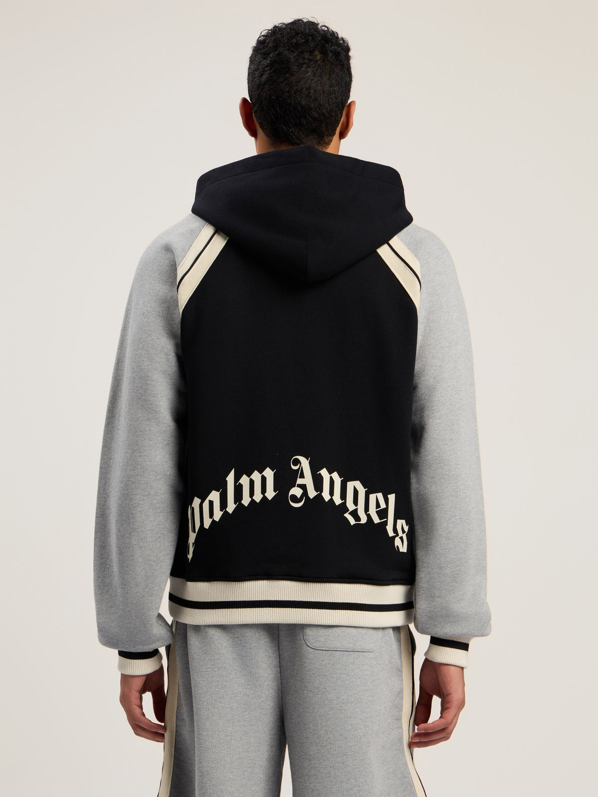 PALM ANGELS Curved Logo Varsity Jacket BLACK - GREY MELANGE PMEK013F25FLE001
