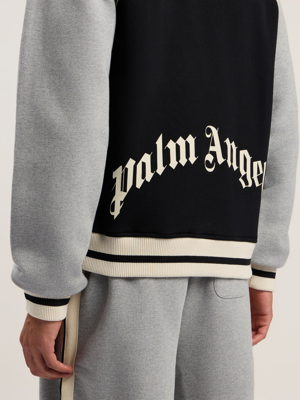 PALM ANGELS Curved Logo Varsity Jacket BLACK - GREY MELANGE PMEK013F25FLE001